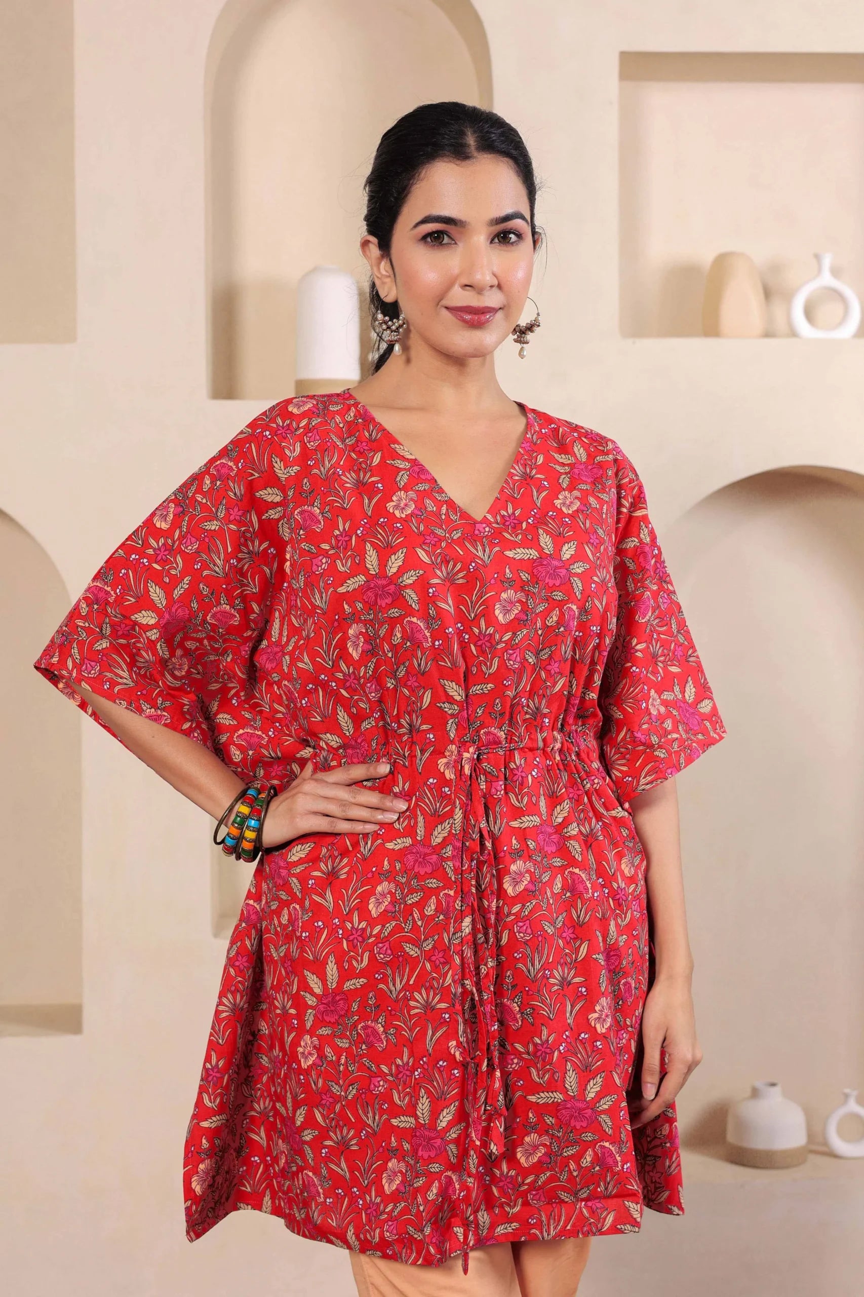 Red Printed Cotton Kimono sleeves kaftan top