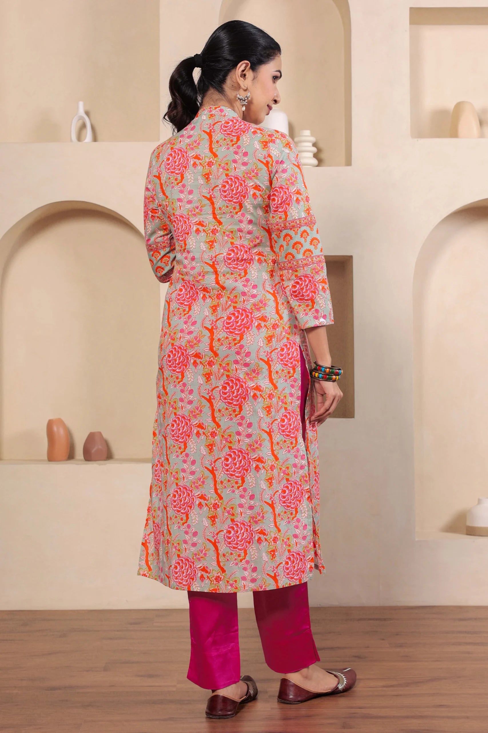 Light Green Hand Block Printed Straight cotton Kurta