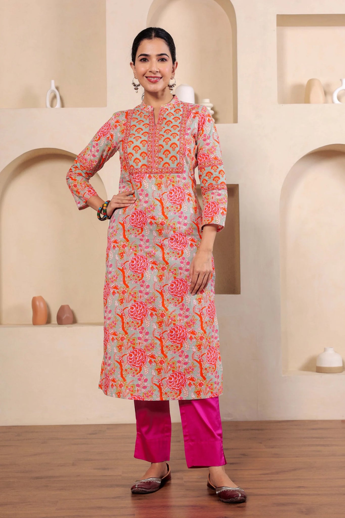 Light Green Hand Block Printed Straight cotton Kurta
