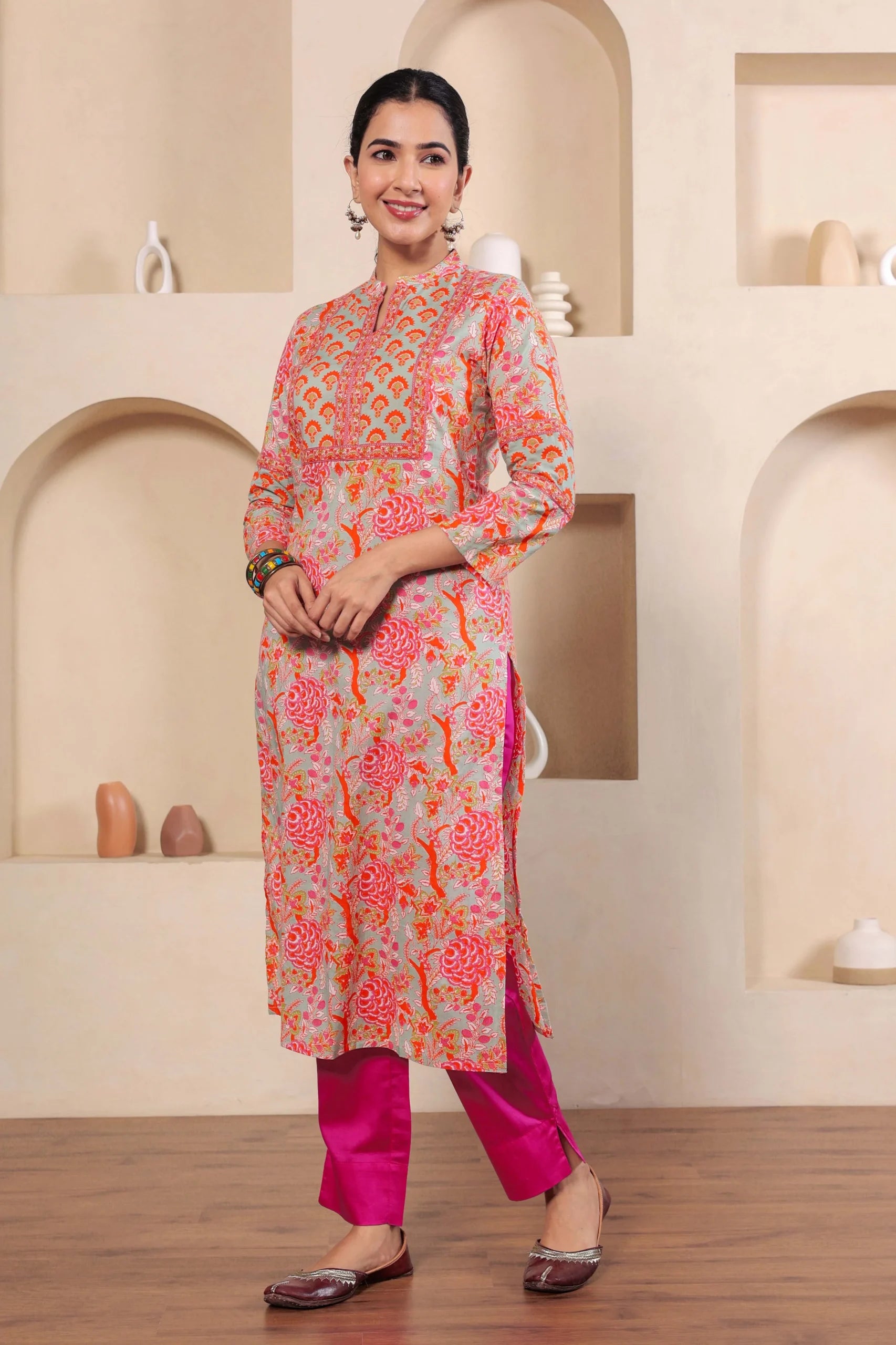 Light Green Hand Block Printed Straight cotton Kurta