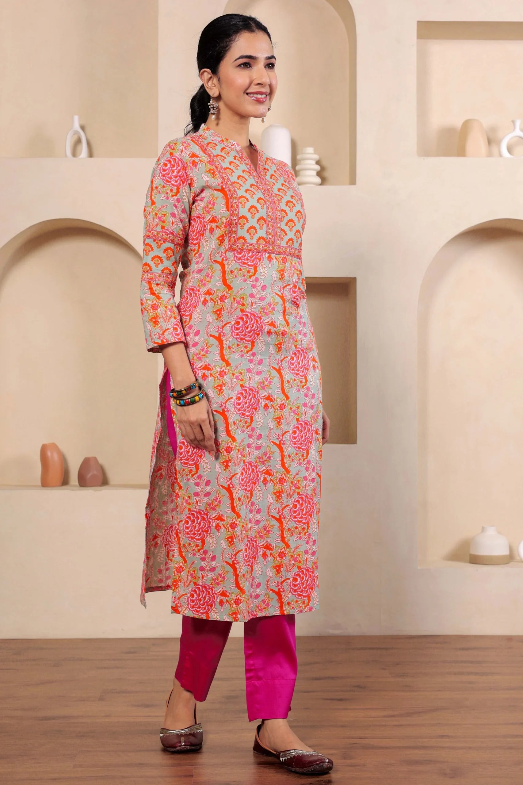 Light Green Hand Block Printed Straight cotton Kurta