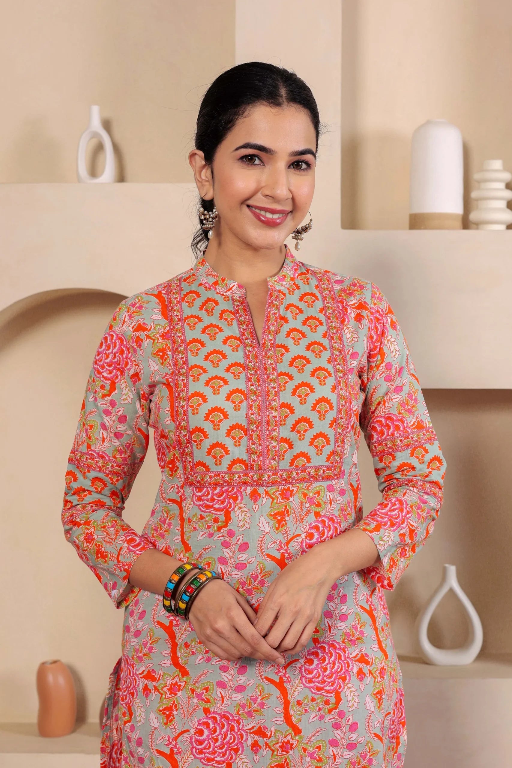 Light Green Hand Block Printed Straight cotton Kurta