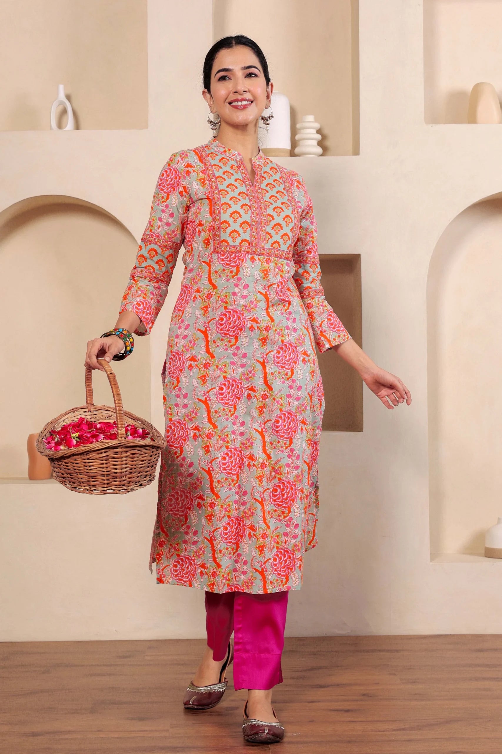 Light Green Hand Block Printed Straight cotton Kurta