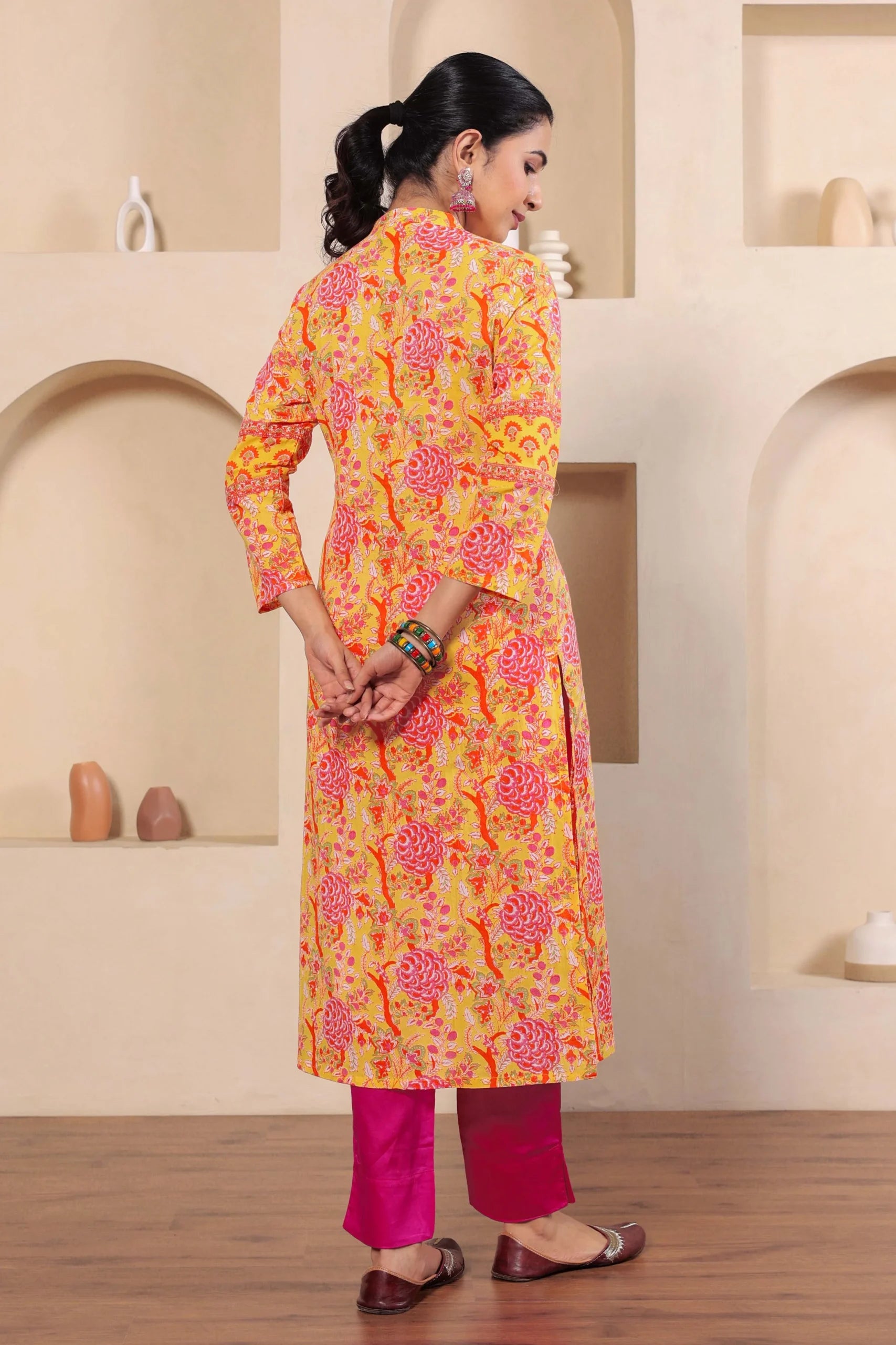 Light Yellow Hand Block Printed Straight cotton Kurta