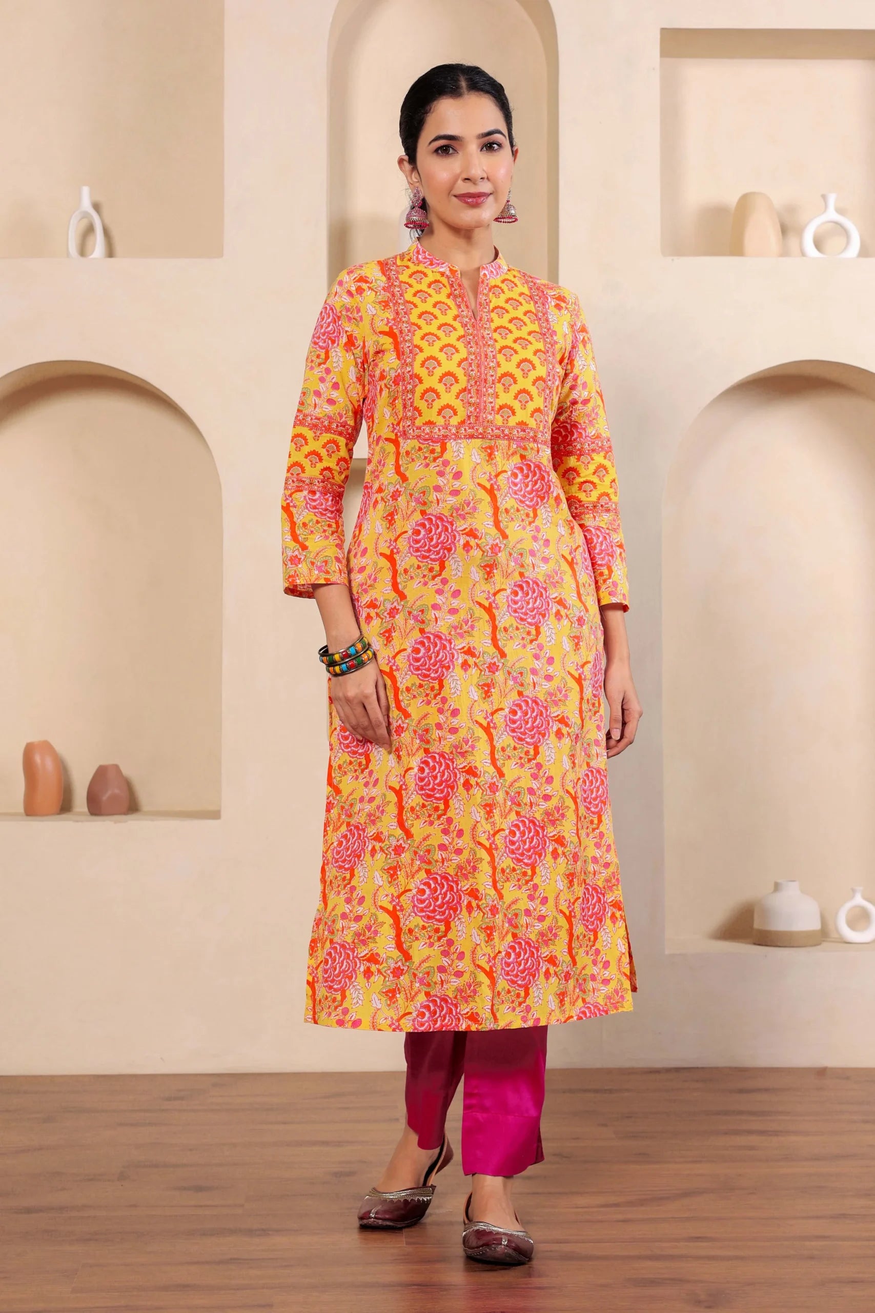 Light Yellow Hand Block Printed Straight cotton Kurta