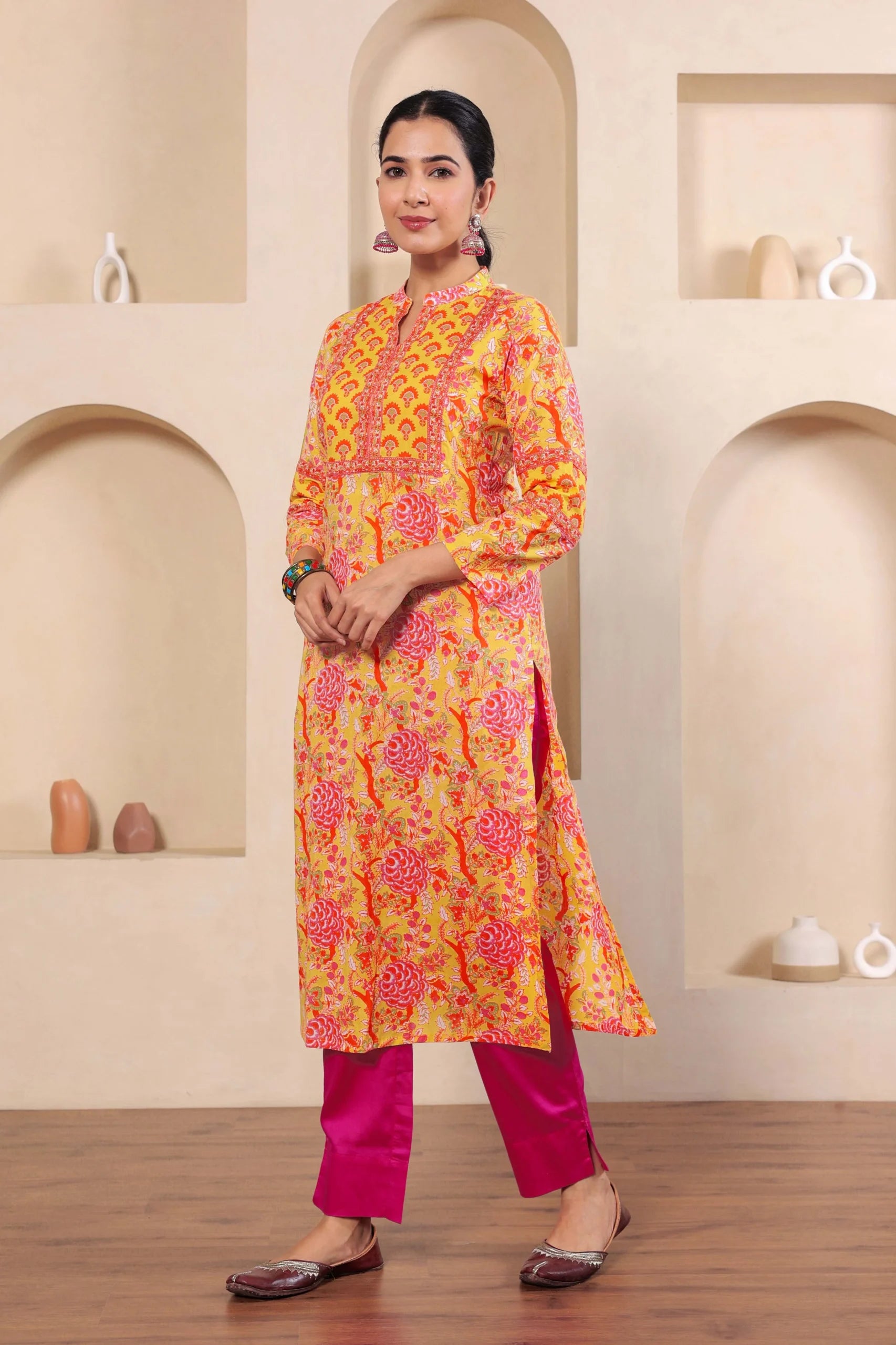 Light Yellow Hand Block Printed Straight cotton Kurta