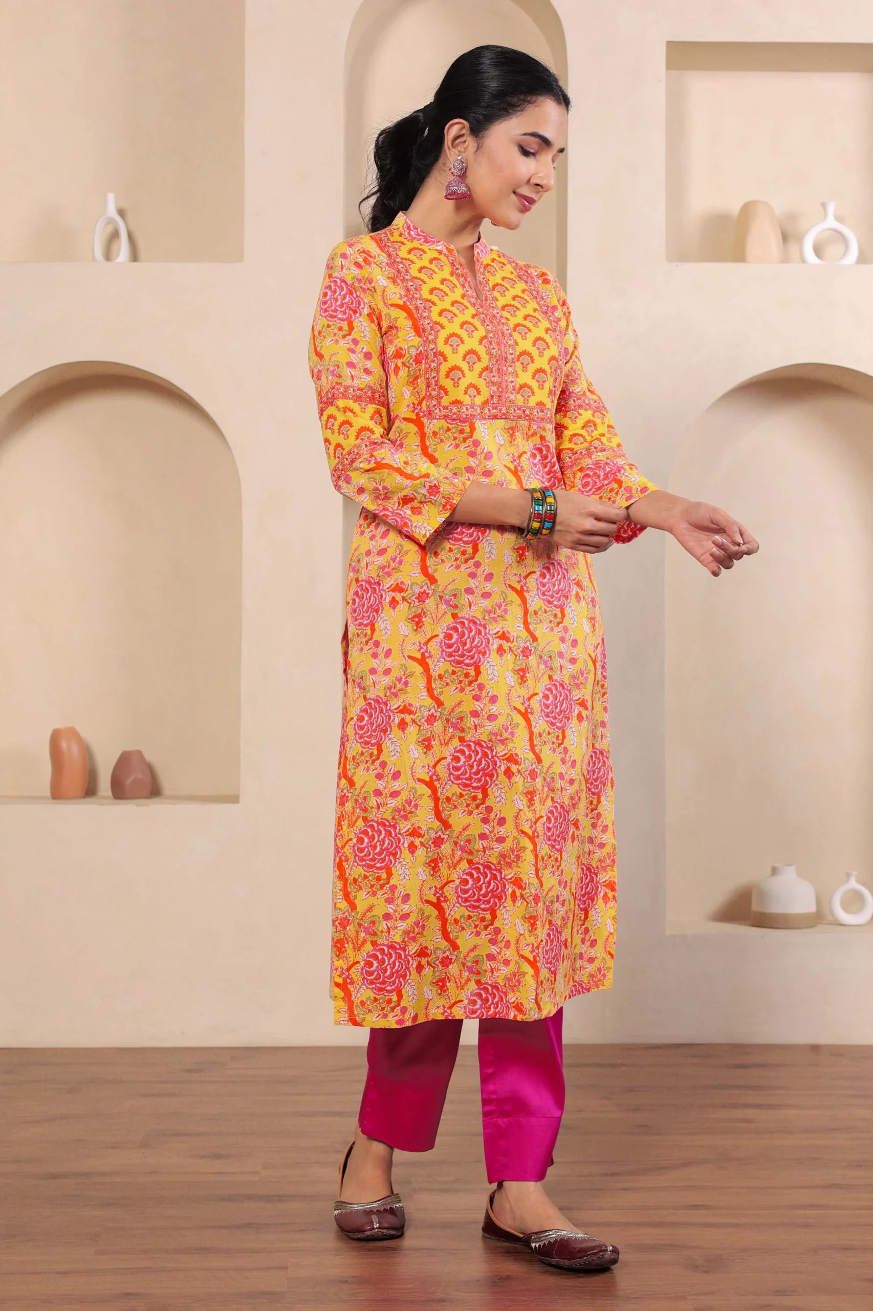 Light Yellow Hand Block Printed Straight cotton Kurta