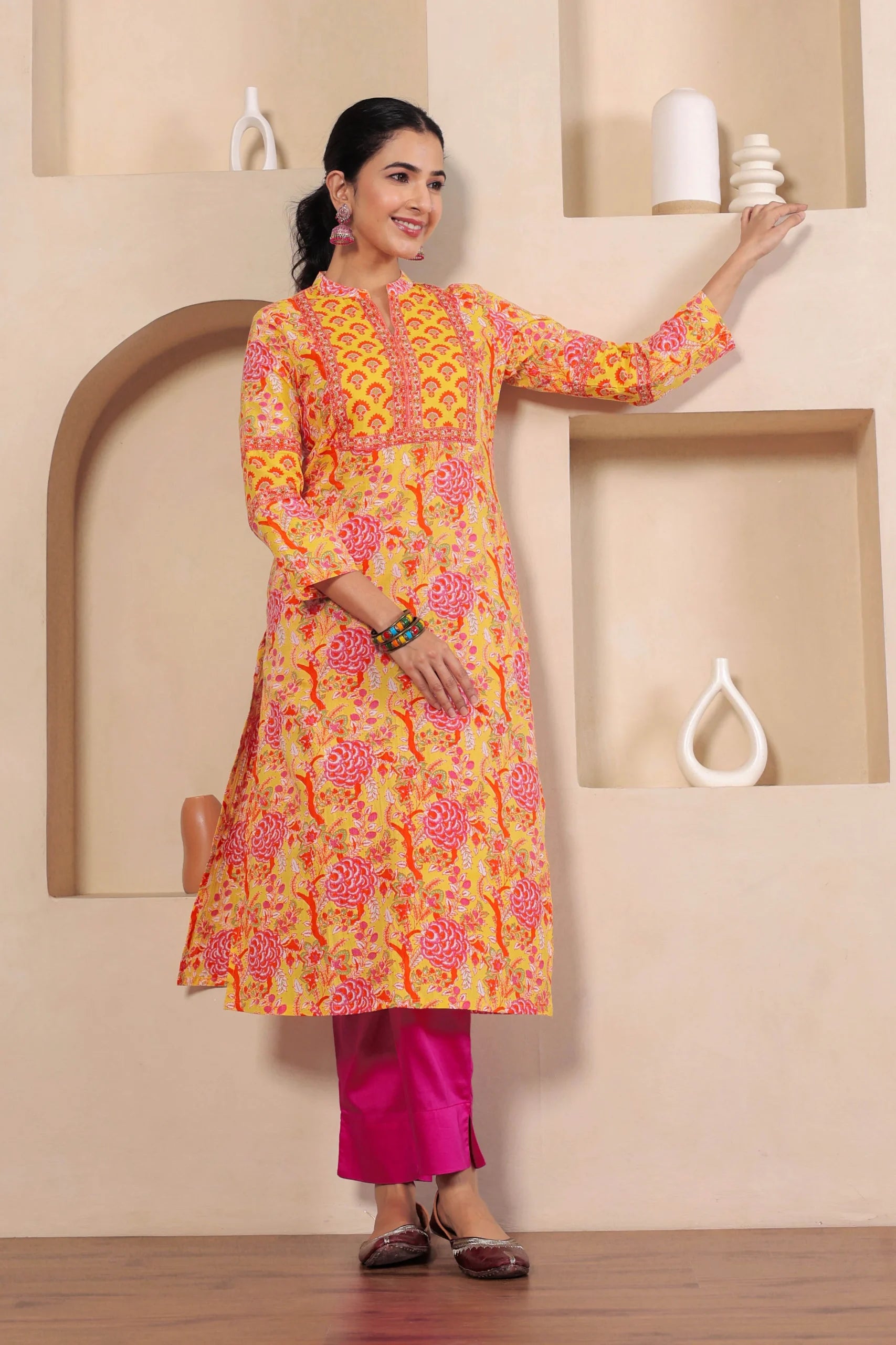 Light Yellow Hand Block Printed Straight cotton Kurta