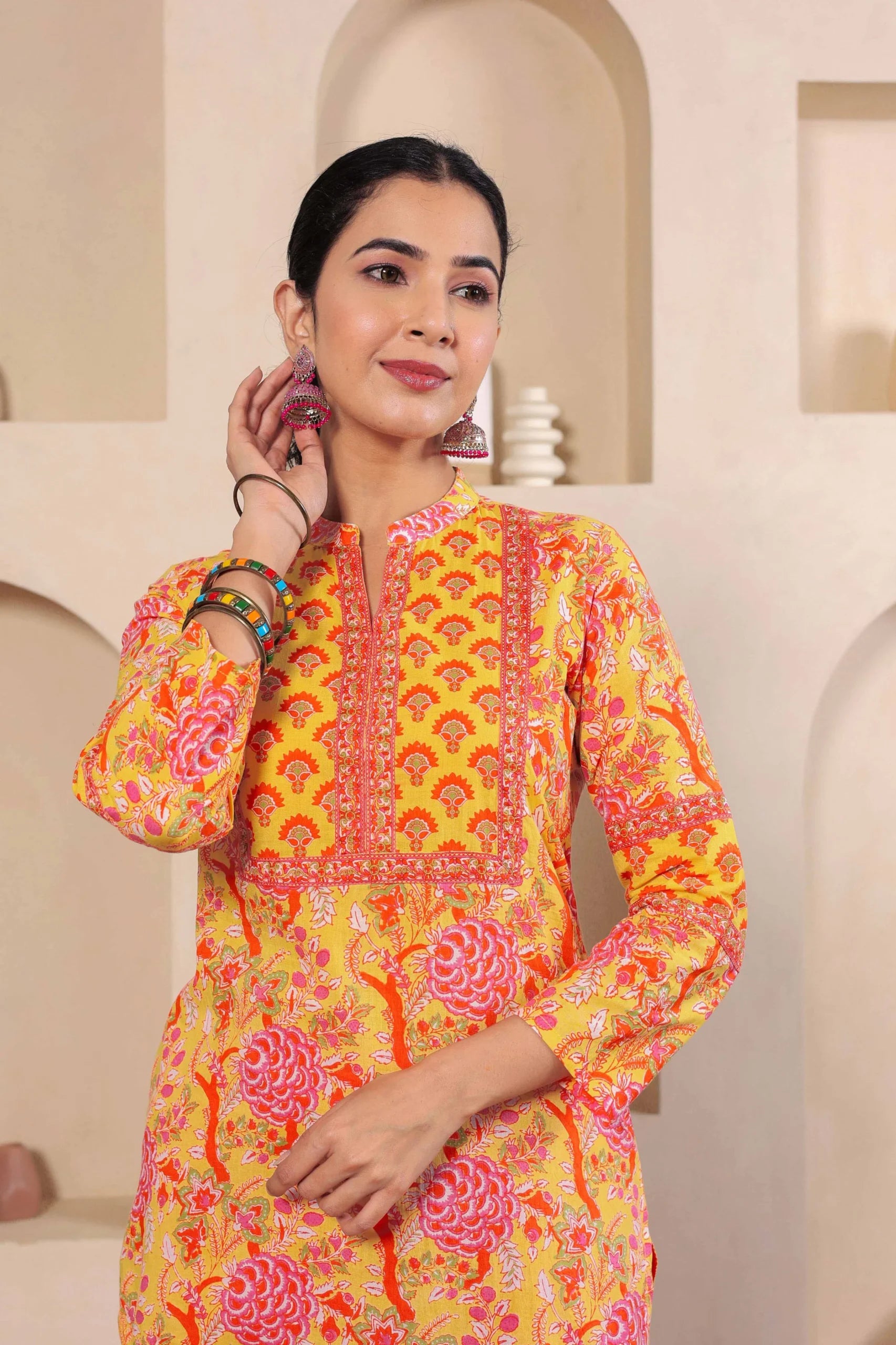 Light Yellow Hand Block Printed Straight cotton Kurta