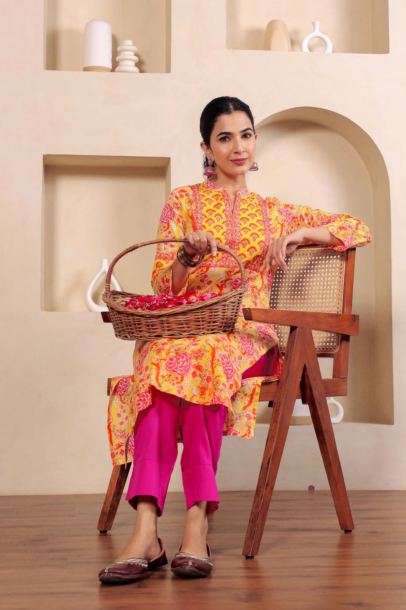 Light Yellow Hand Block Printed Straight cotton Kurta