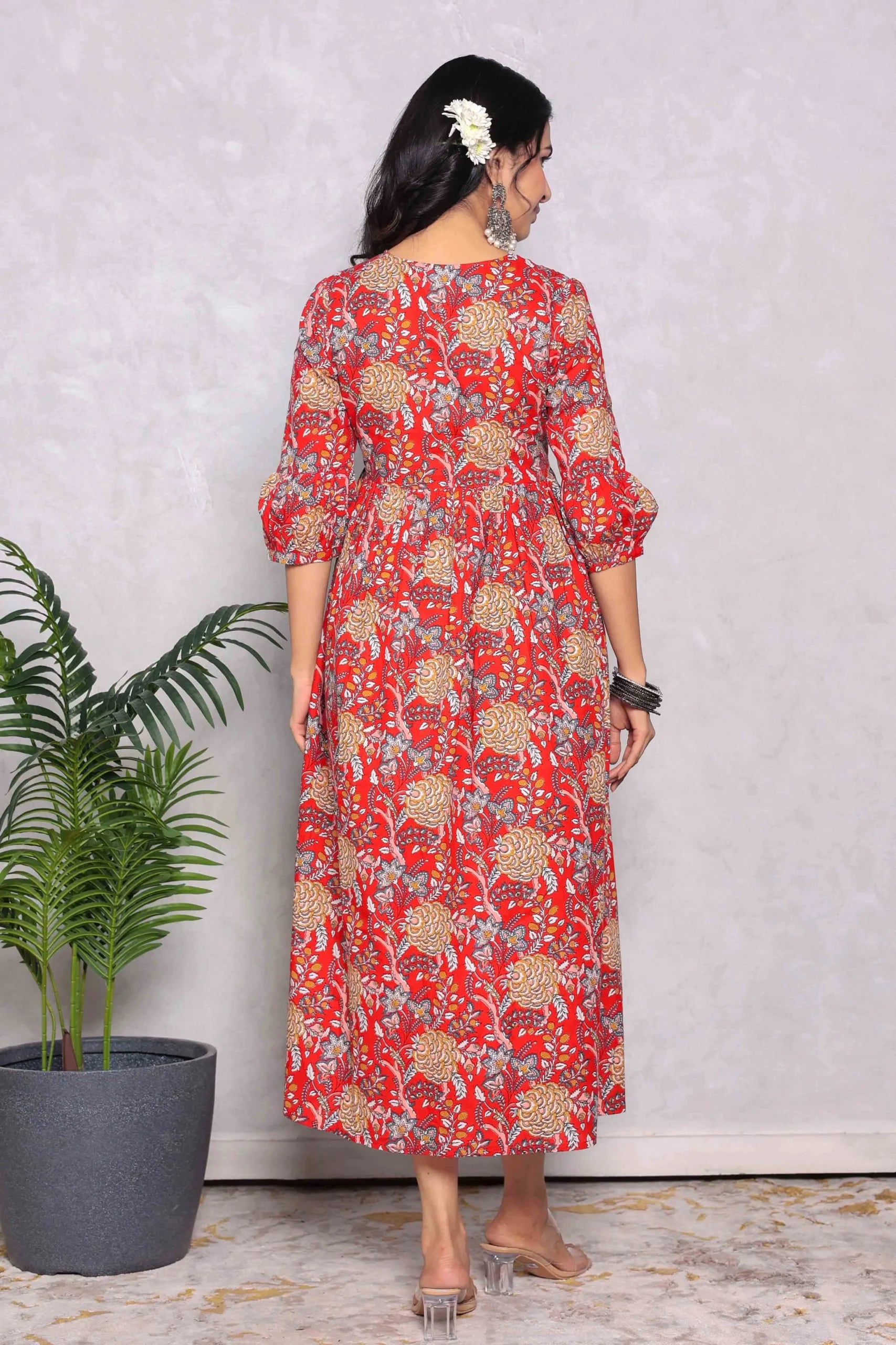 Red Block Printed V-Neck Dress With Flared Hem & Pleated Sleeves