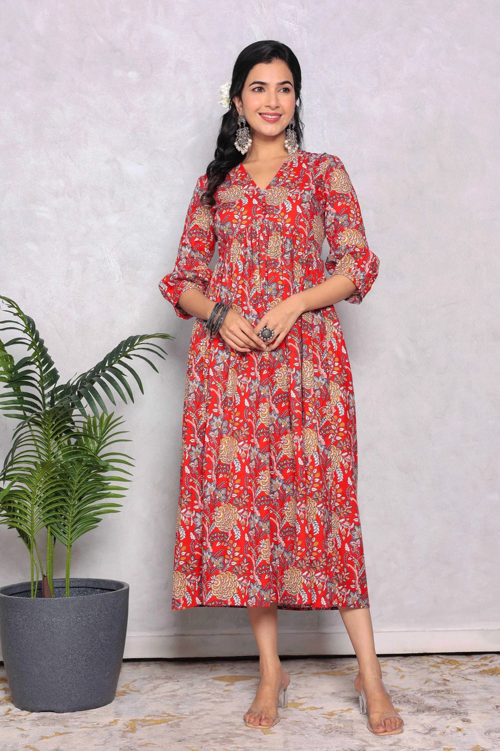 Red Block Printed V-Neck Dress With Flared Hem & Pleated Sleeves
