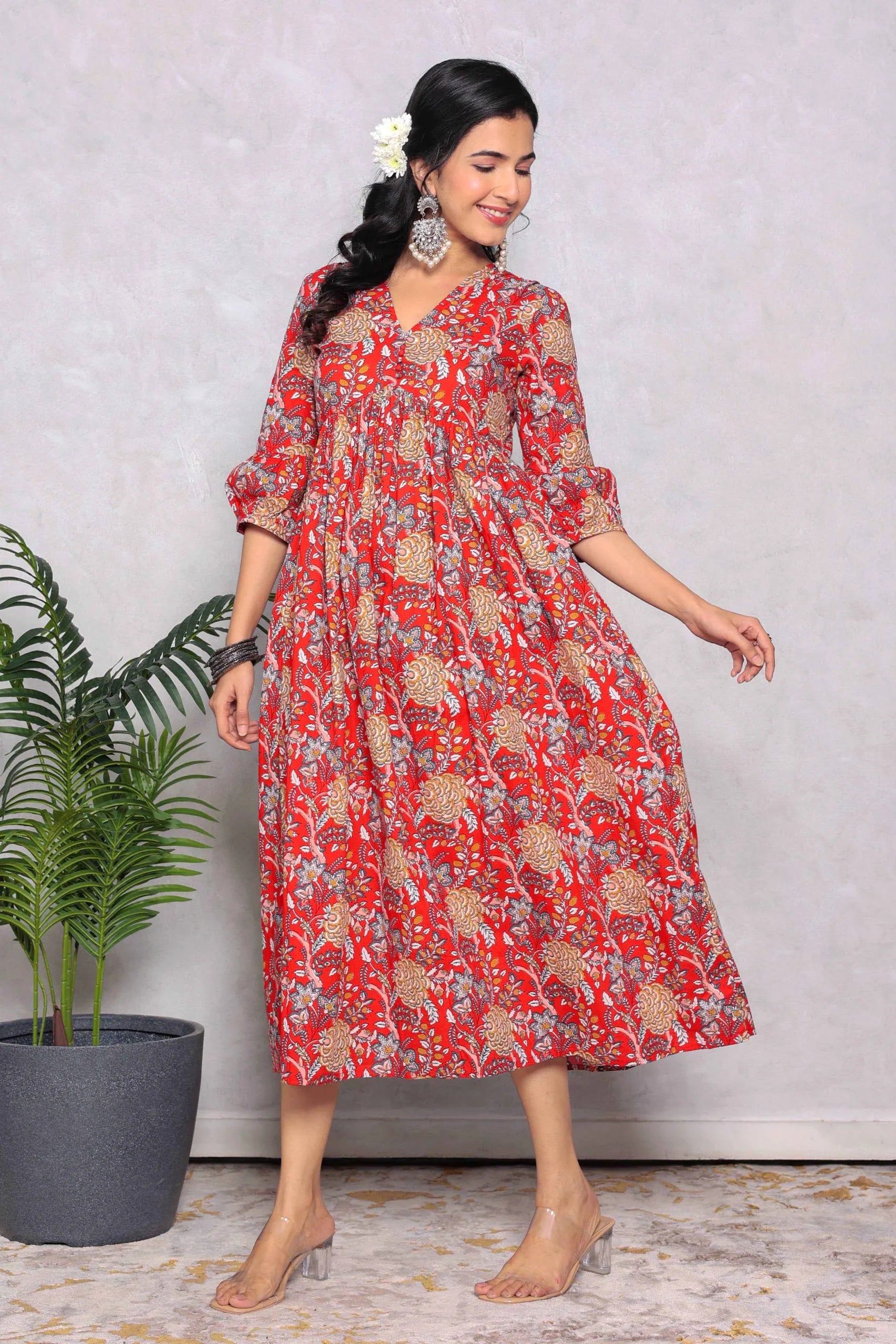 Red Block Printed V-Neck Dress With Flared Hem & Pleated Sleeves