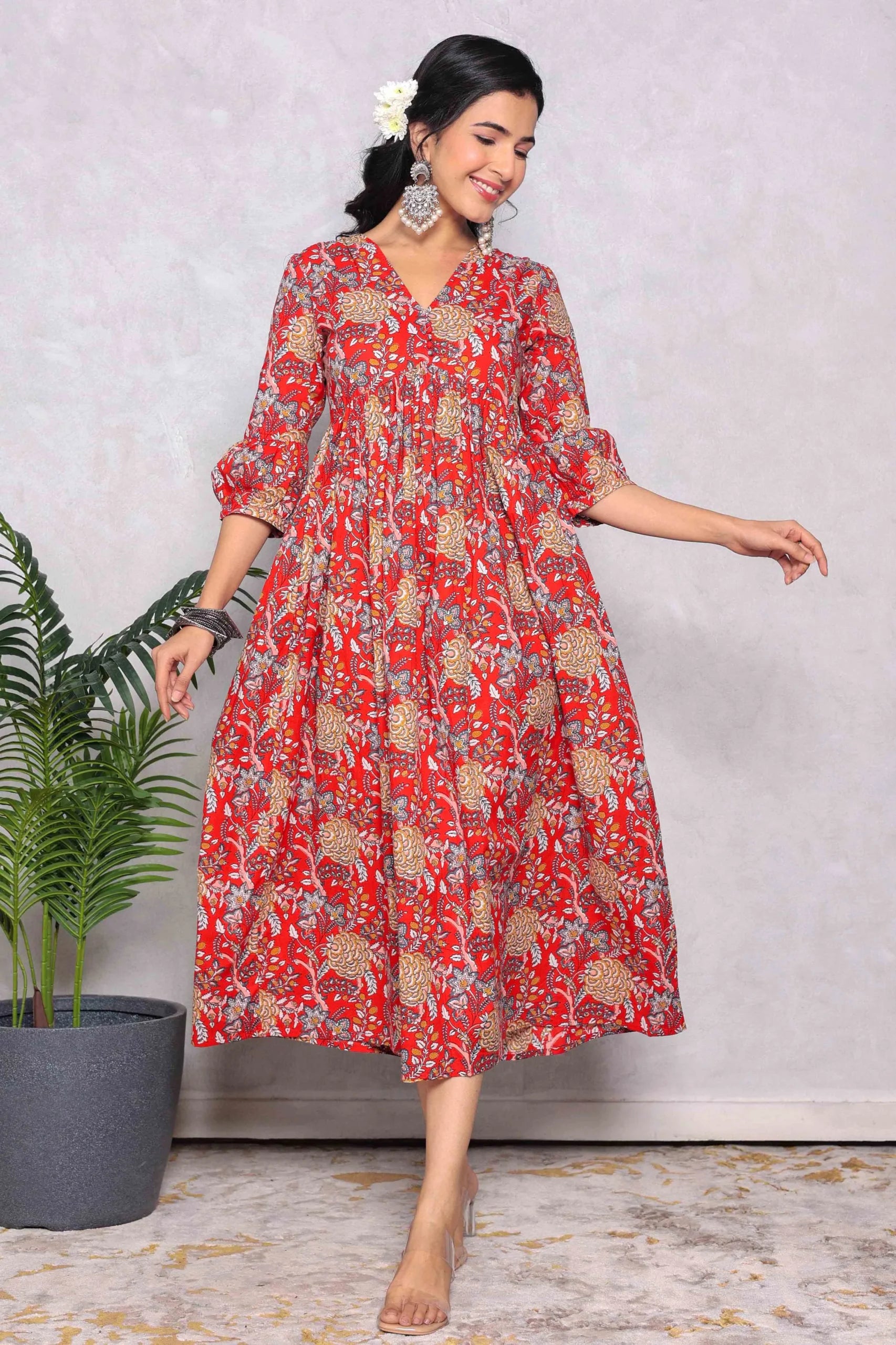 Red Block Printed V-Neck Dress With Flared Hem & Pleated Sleeves