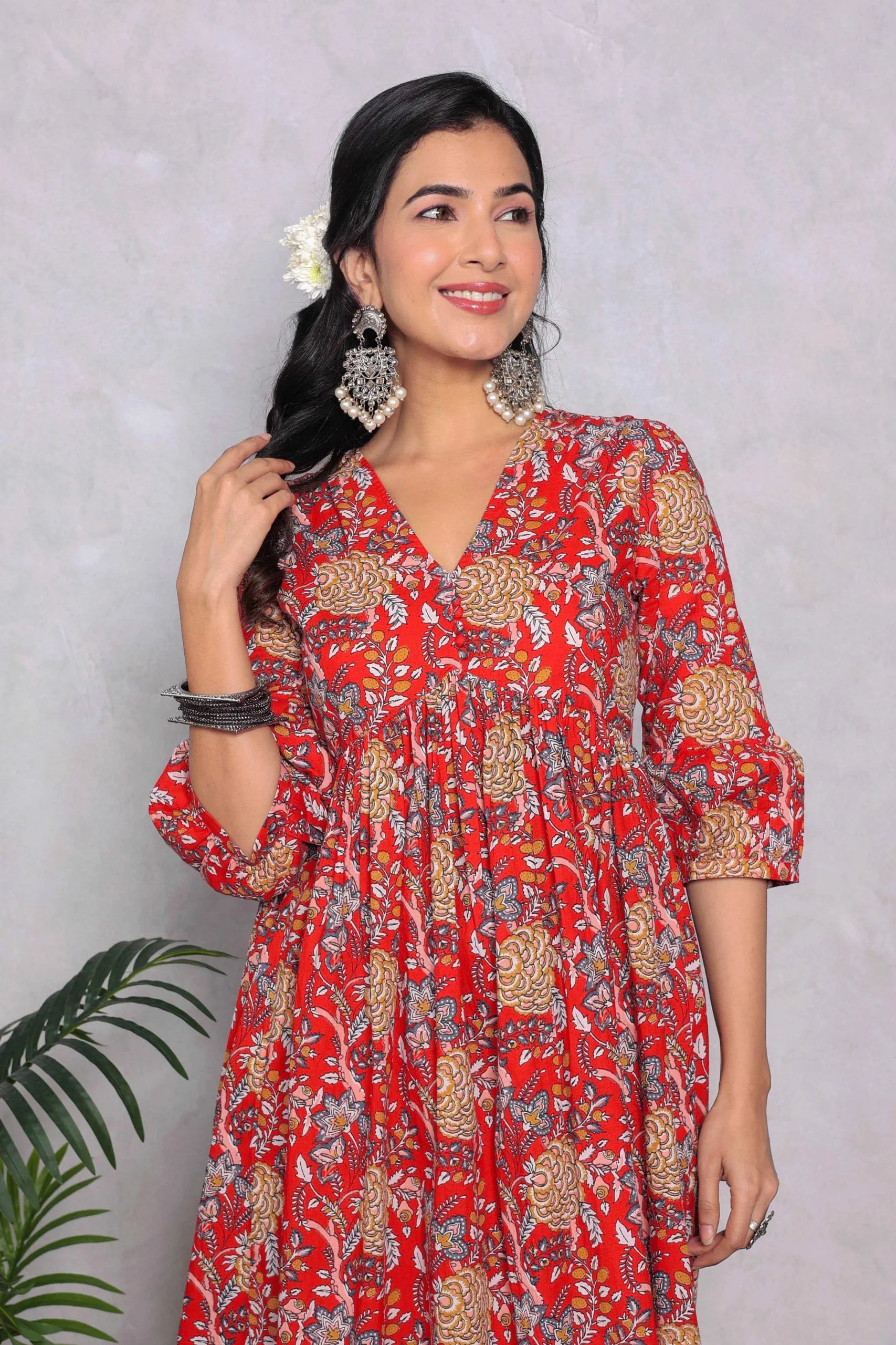 Red Block Printed V-Neck Dress With Flared Hem & Pleated Sleeves