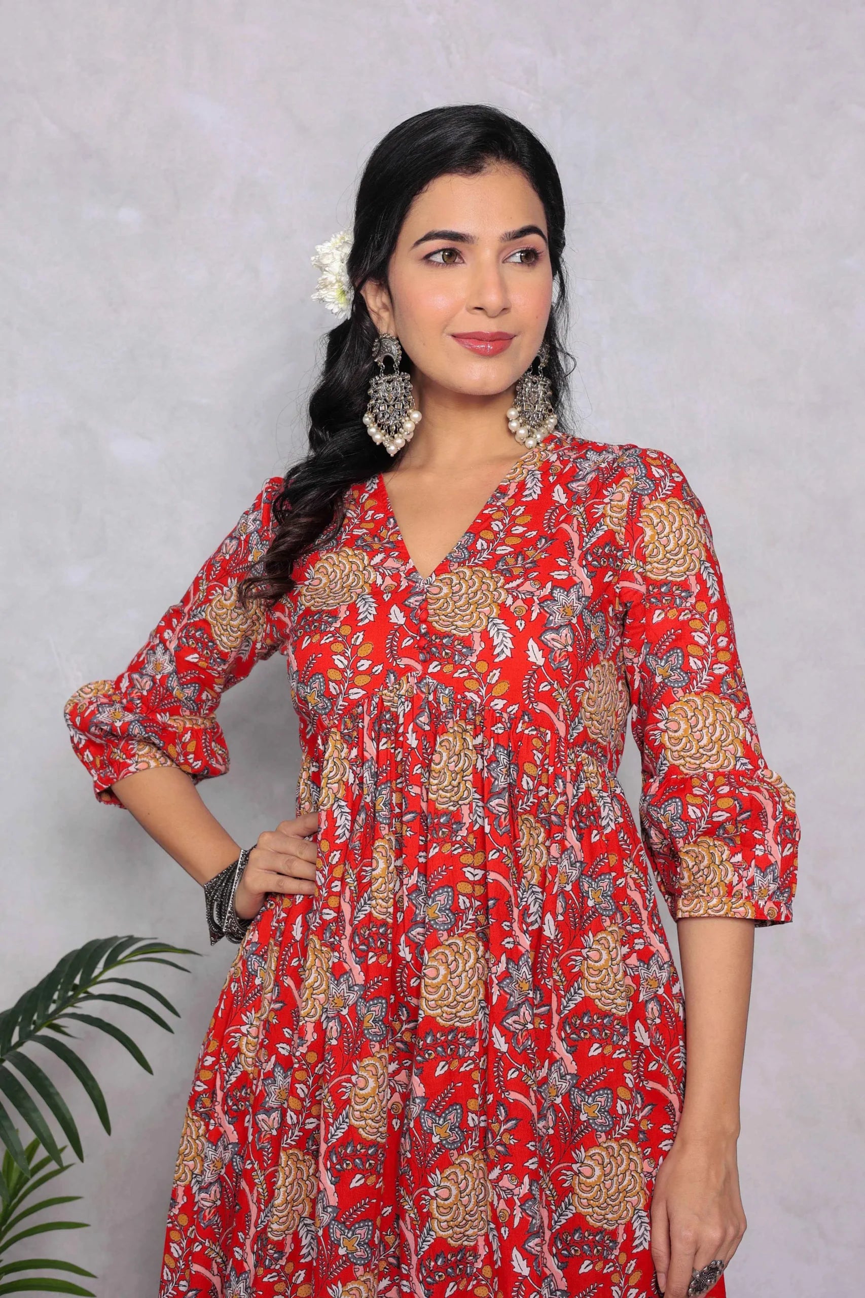 Red Block Printed V-Neck Dress With Flared Hem & Pleated Sleeves