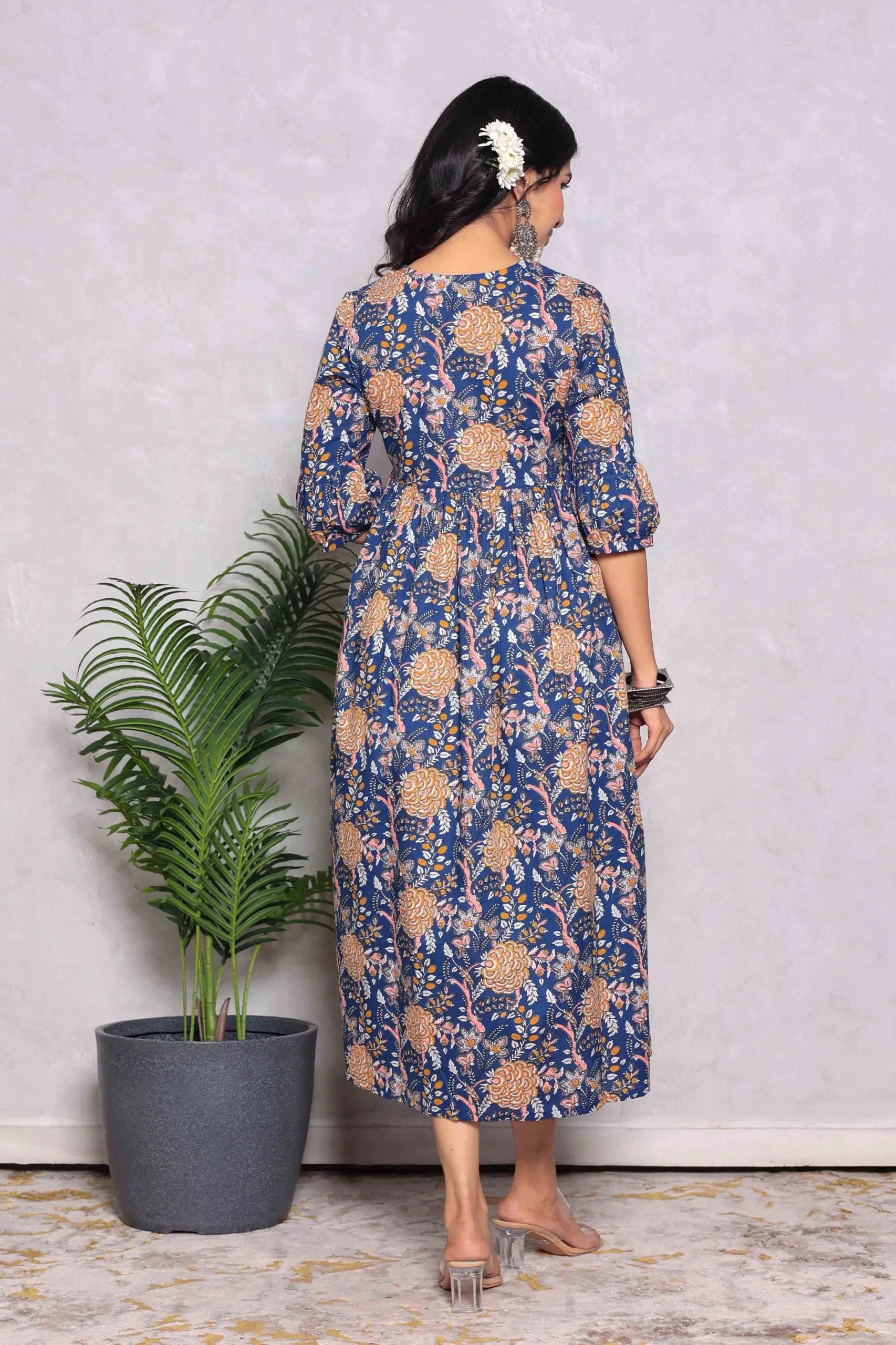 Blue Block Printed V-Neck Dress With Flared Hem & Pleated Sleeves