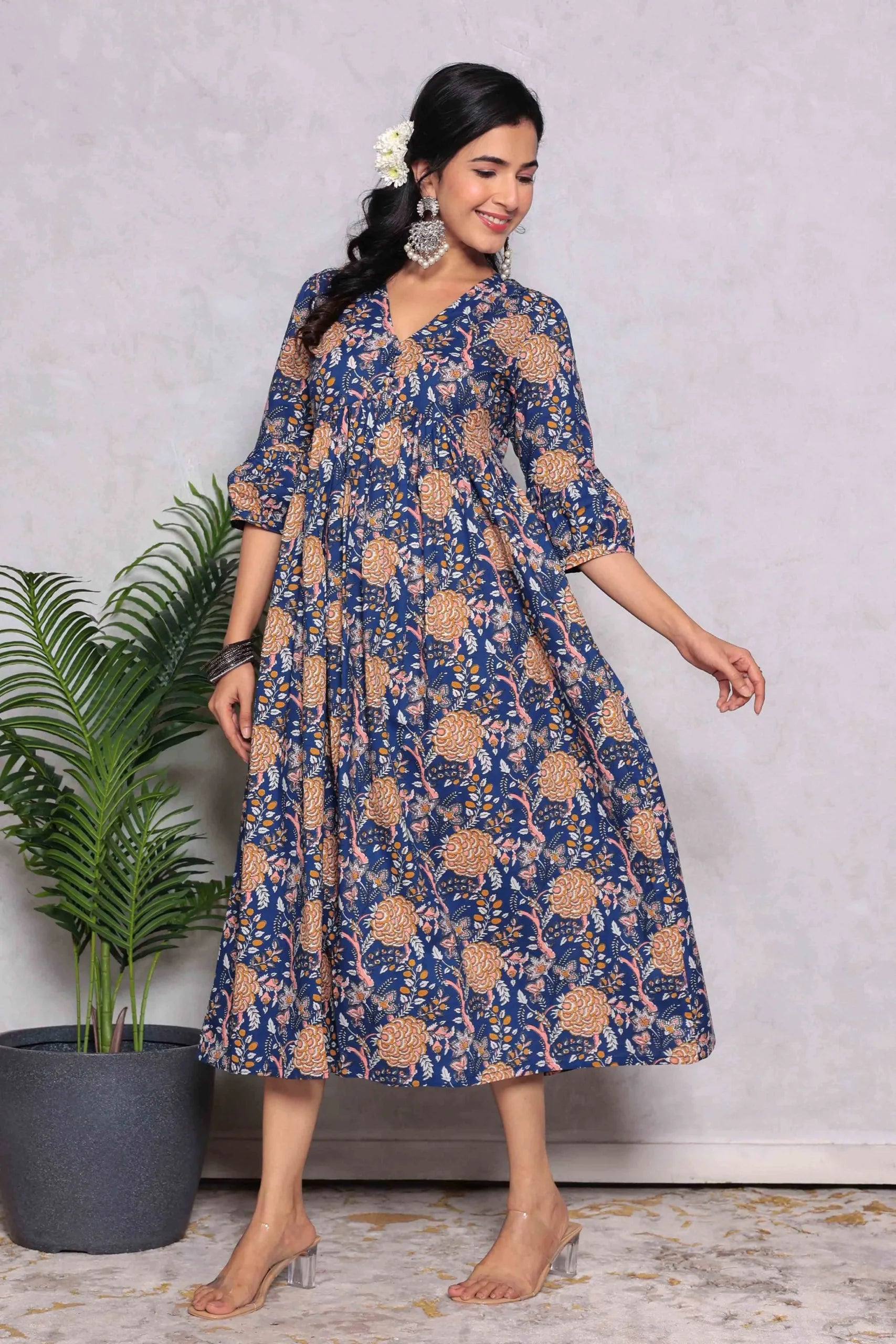 Blue Block Printed V-Neck Dress With Flared Hem & Pleated Sleeves