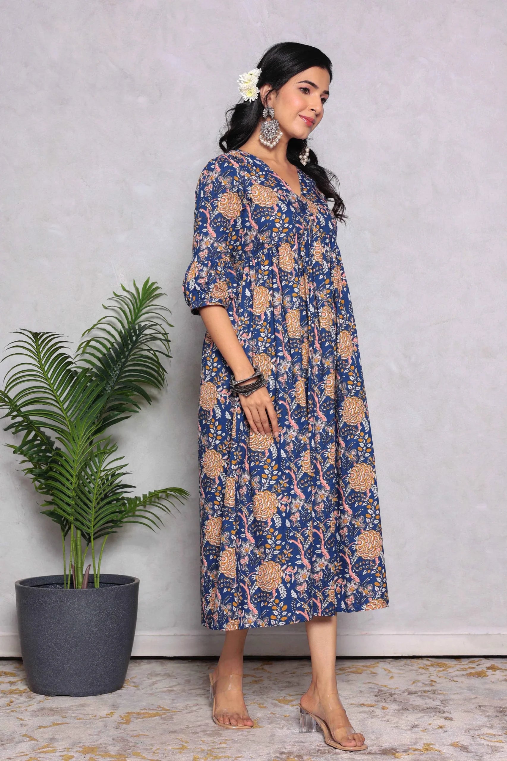 Blue Block Printed V-Neck Dress With Flared Hem & Pleated Sleeves