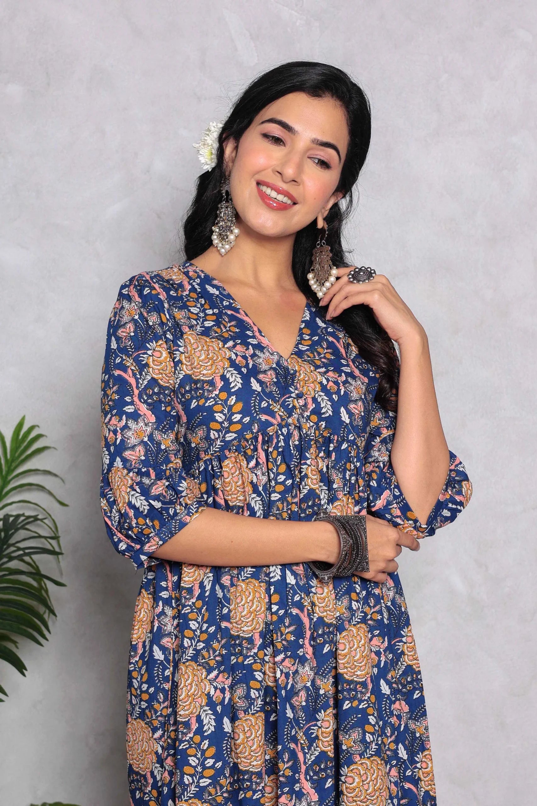 Blue Block Printed V-Neck Dress With Flared Hem & Pleated Sleeves