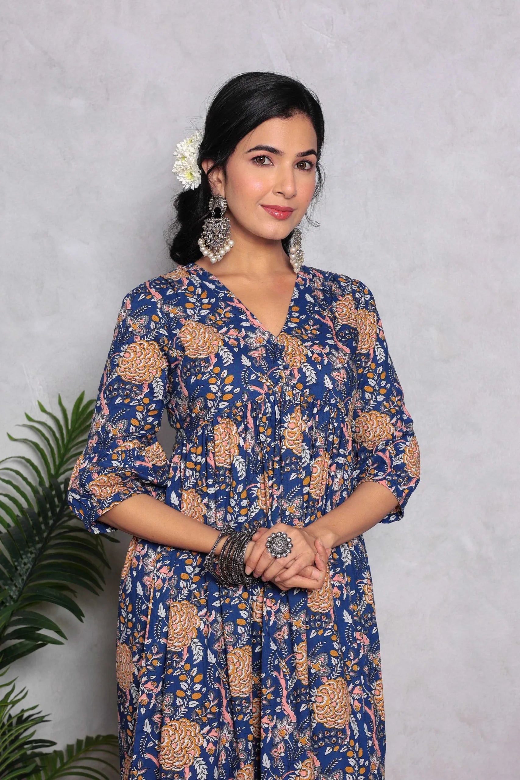 Blue Block Printed V-Neck Dress With Flared Hem & Pleated Sleeves