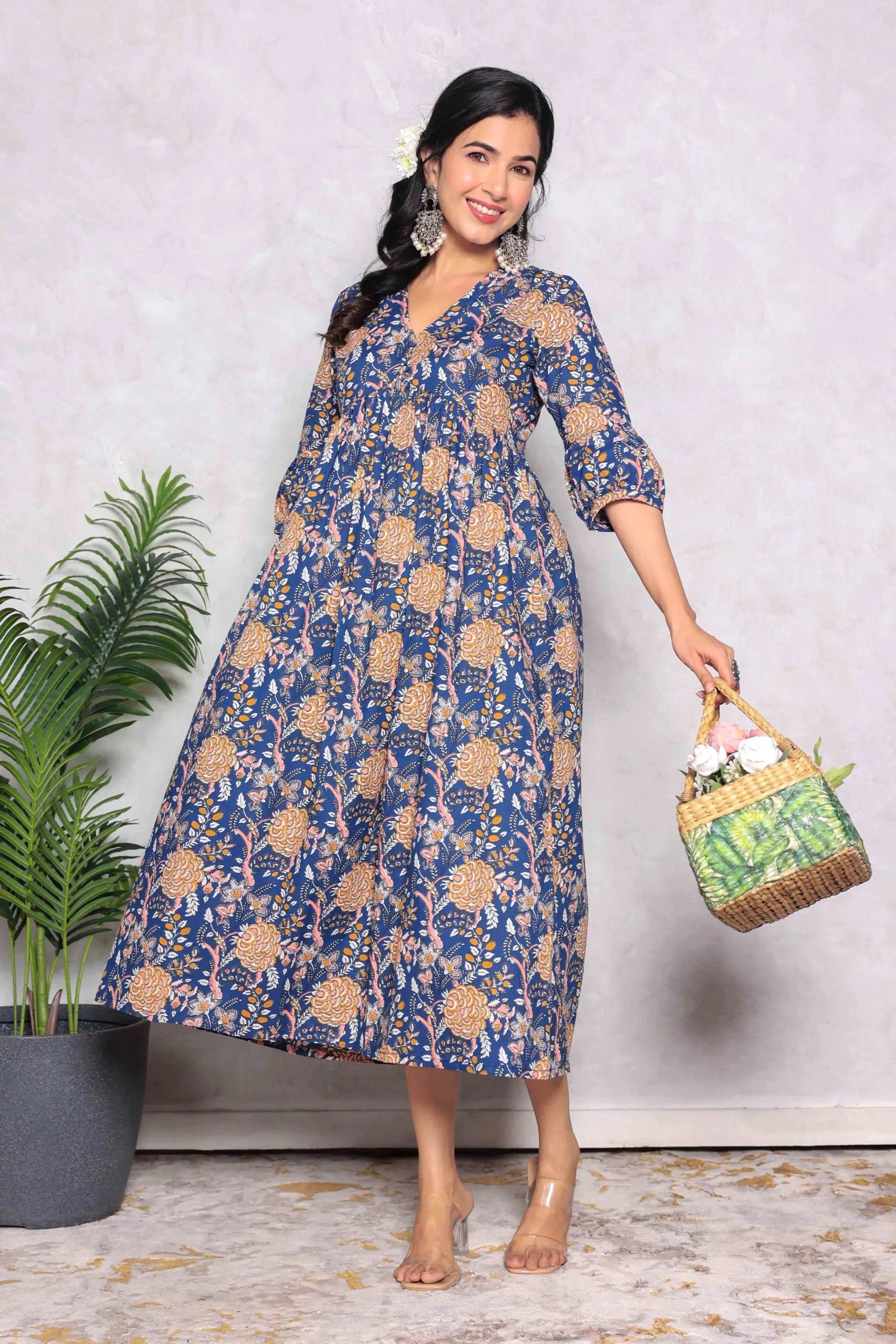 Blue Block Printed V-Neck Dress With Flared Hem & Pleated Sleeves