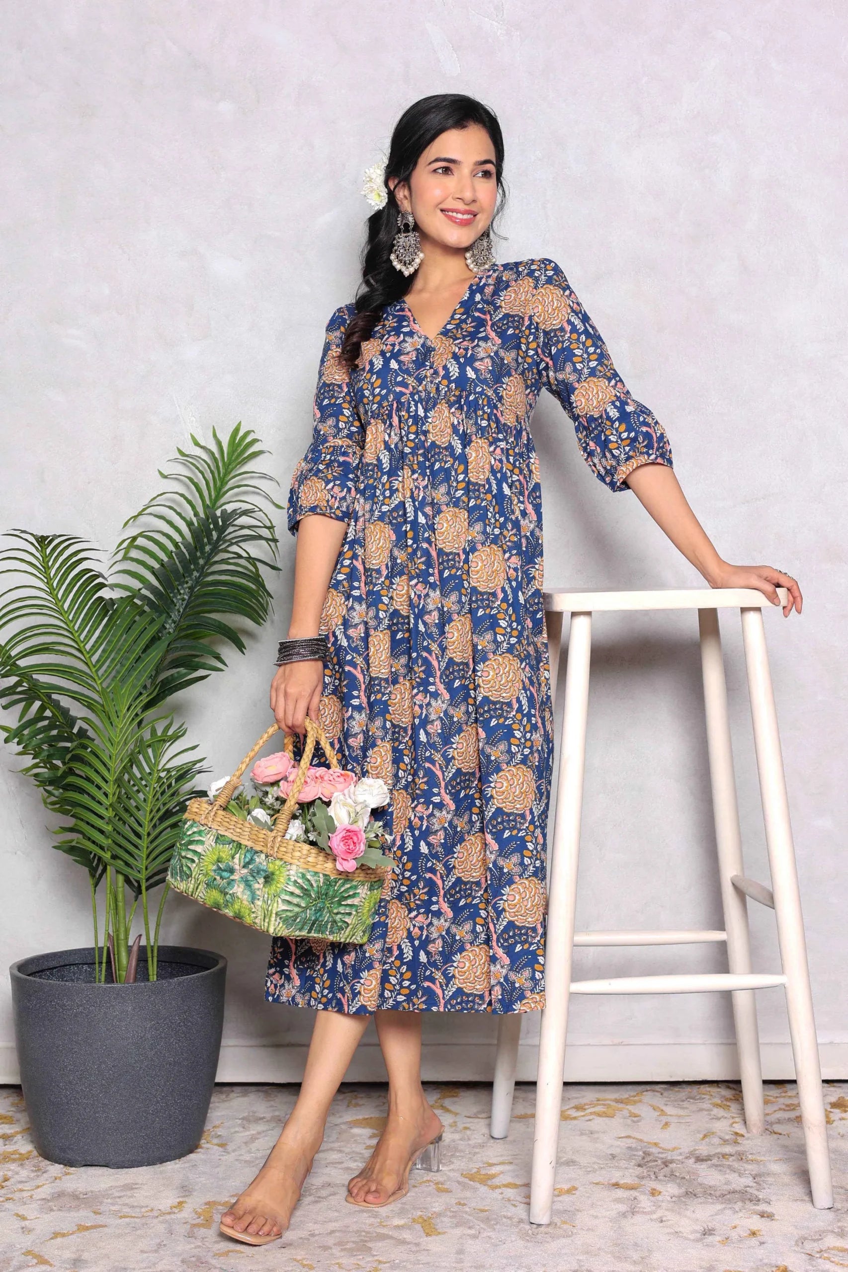 Blue Block Printed V-Neck Dress With Flared Hem & Pleated Sleeves