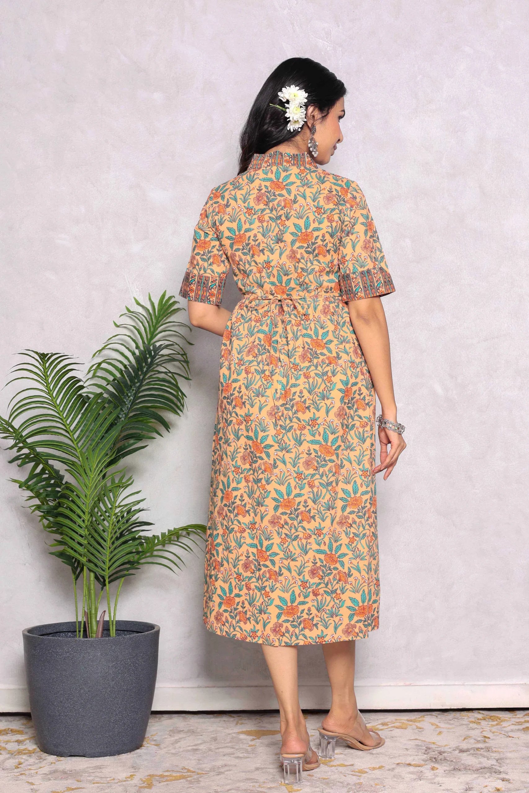 Light Orange Hand Block Printed A- Line Midi Dress