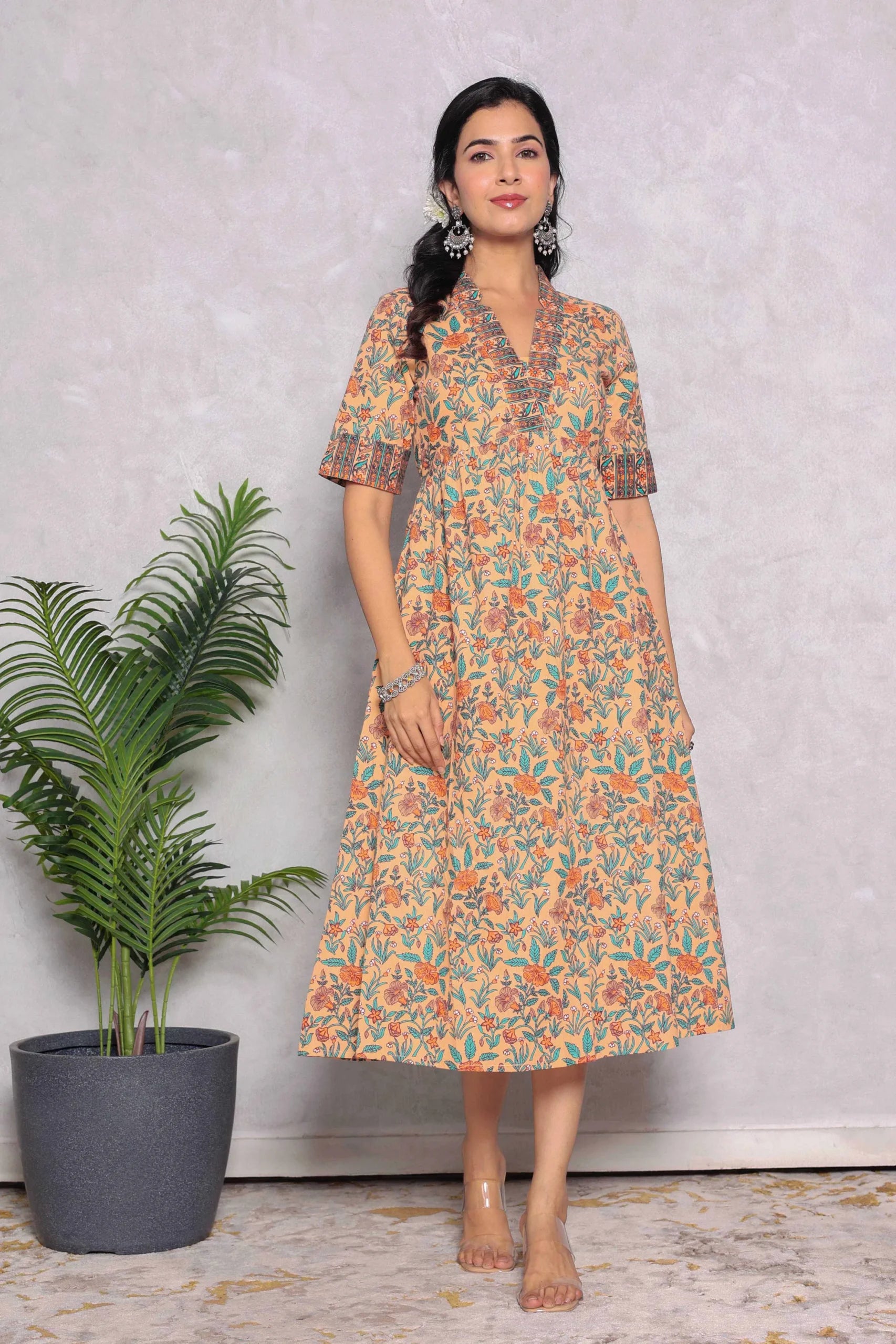 Light Orange Hand Block Printed A- Line Midi Dress