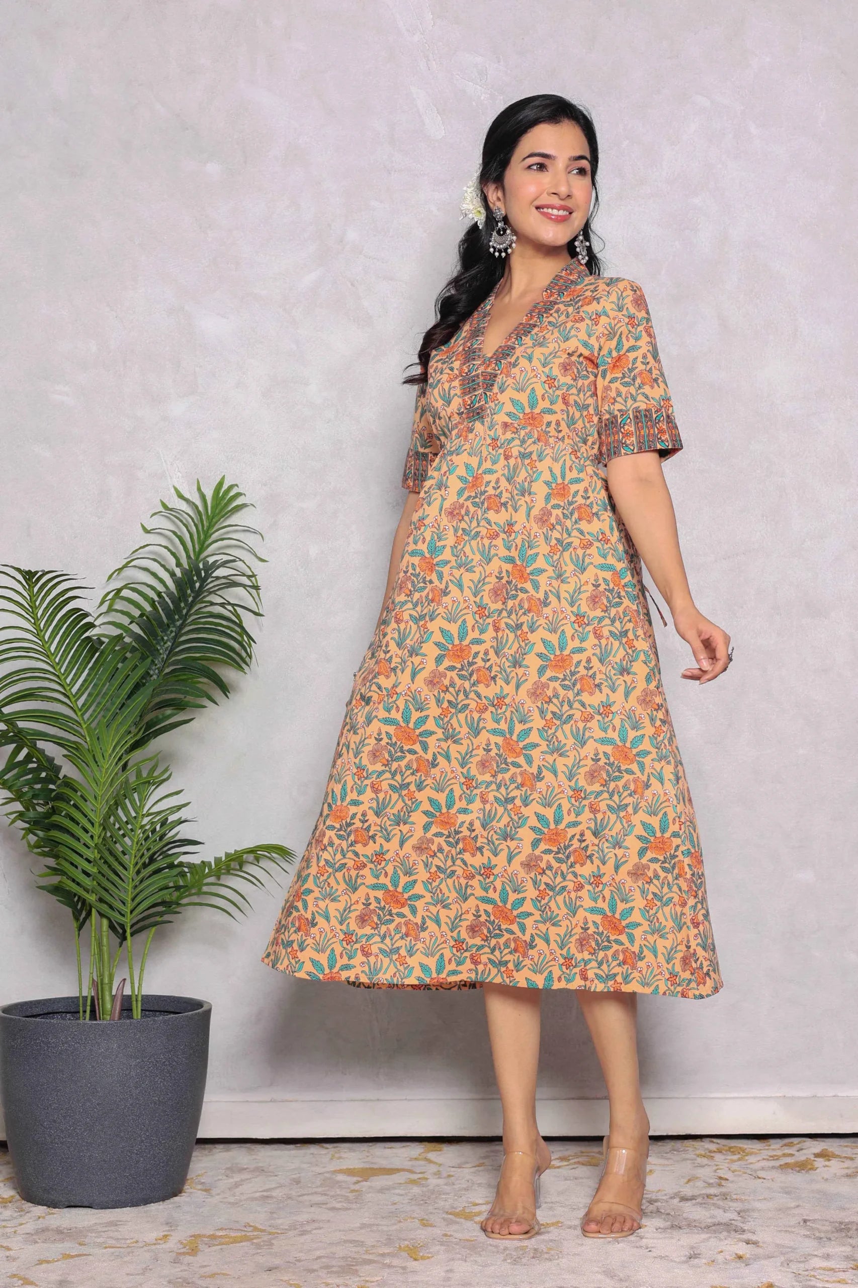 Light Orange Hand Block Printed A- Line Midi Dress
