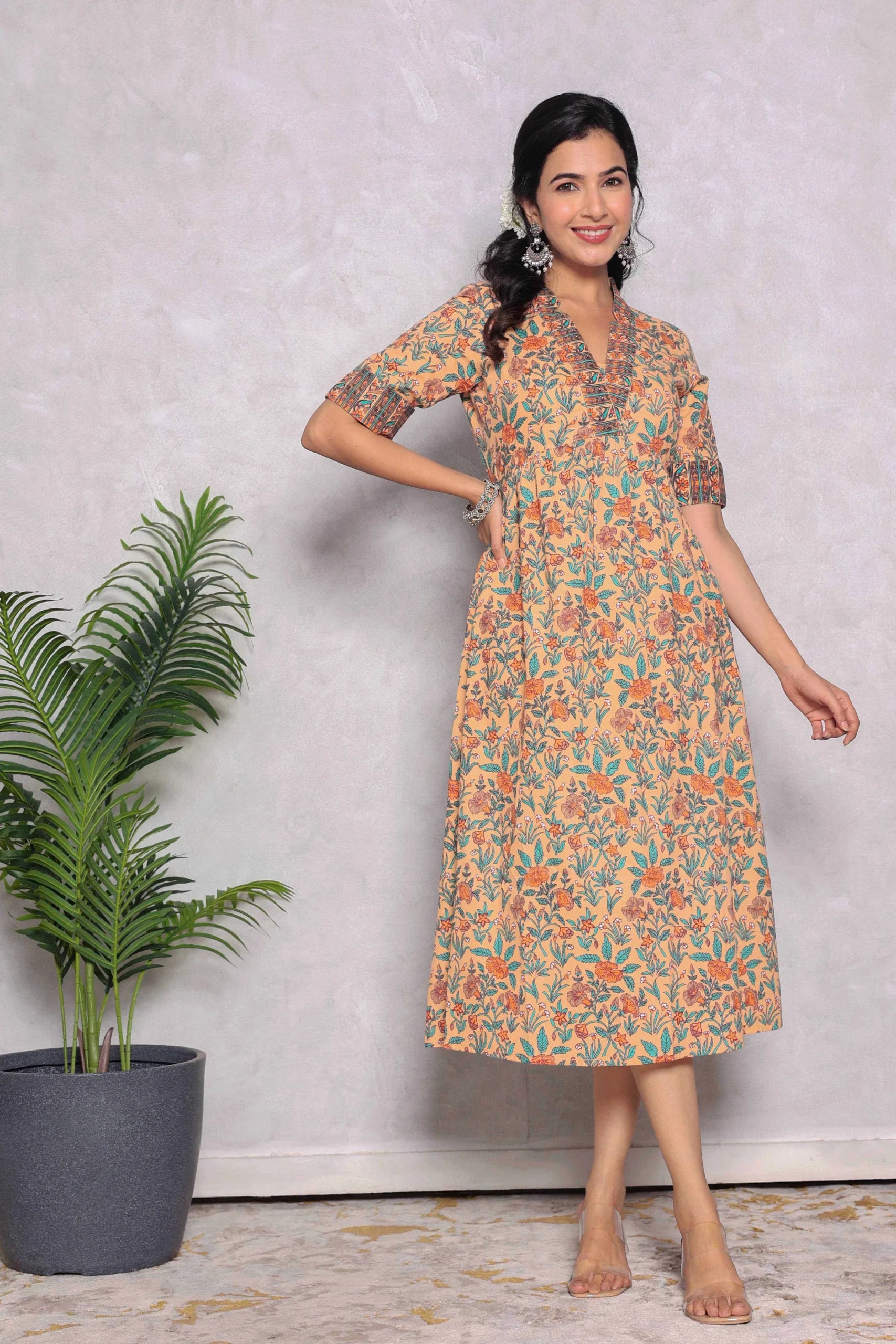 Light Orange Hand Block Printed A- Line Midi Dress