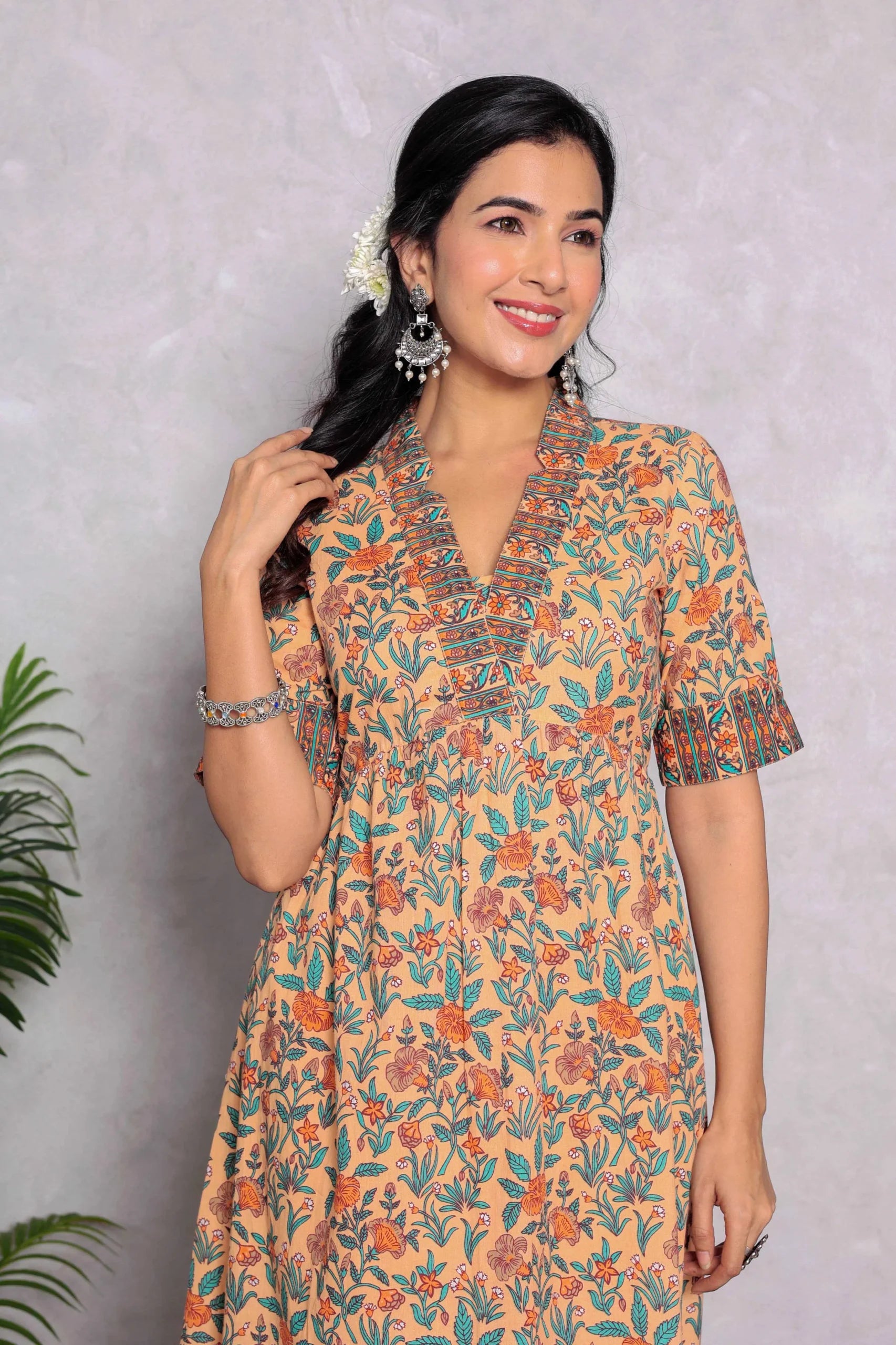 Light Orange Hand Block Printed A- Line Midi Dress