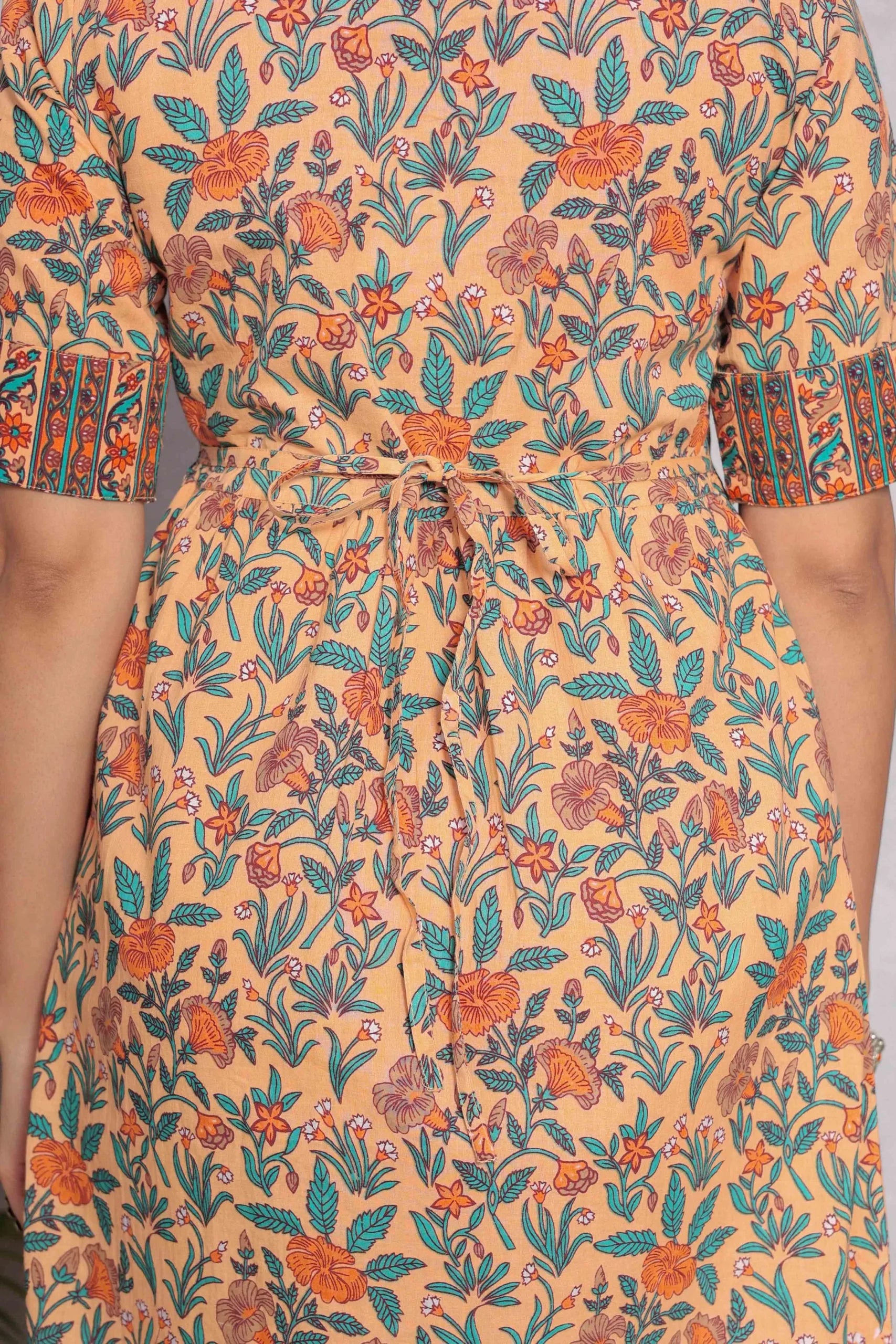 Light Orange Hand Block Printed A- Line Midi Dress