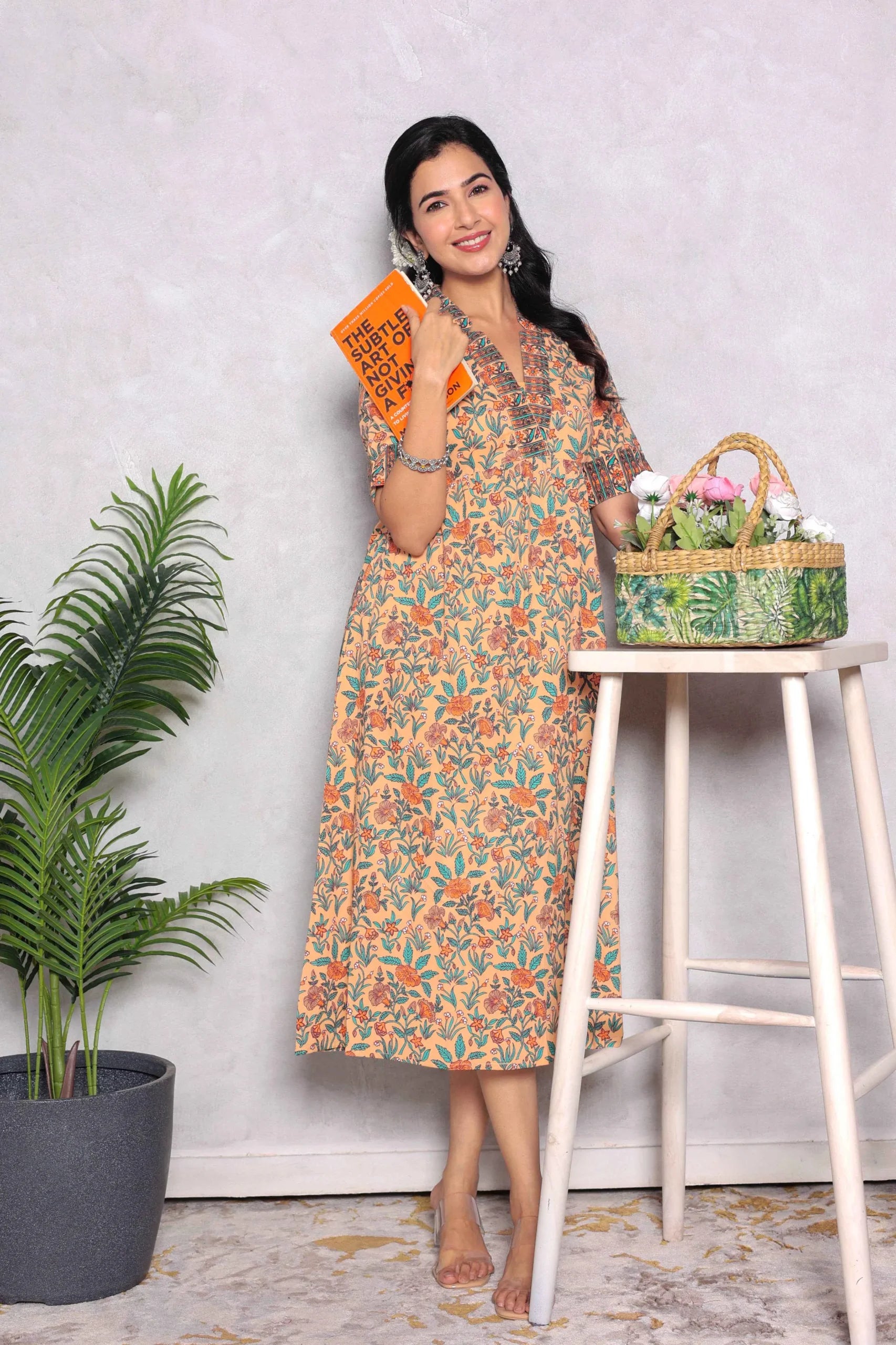 Light Orange Hand Block Printed A- Line Midi Dress