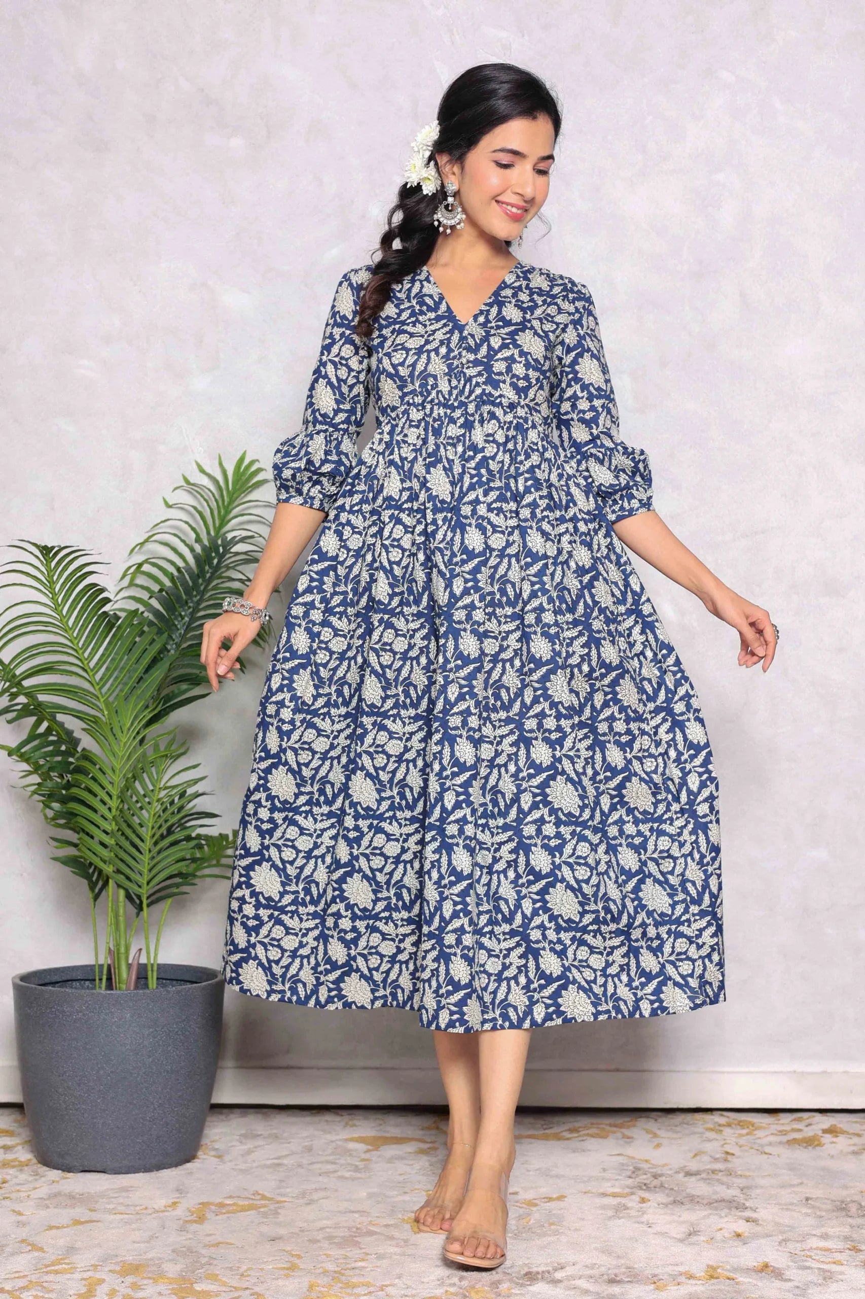 Blue Floral Block Printed V-Neck Dress With Flared Hem & Pleated Sleeves