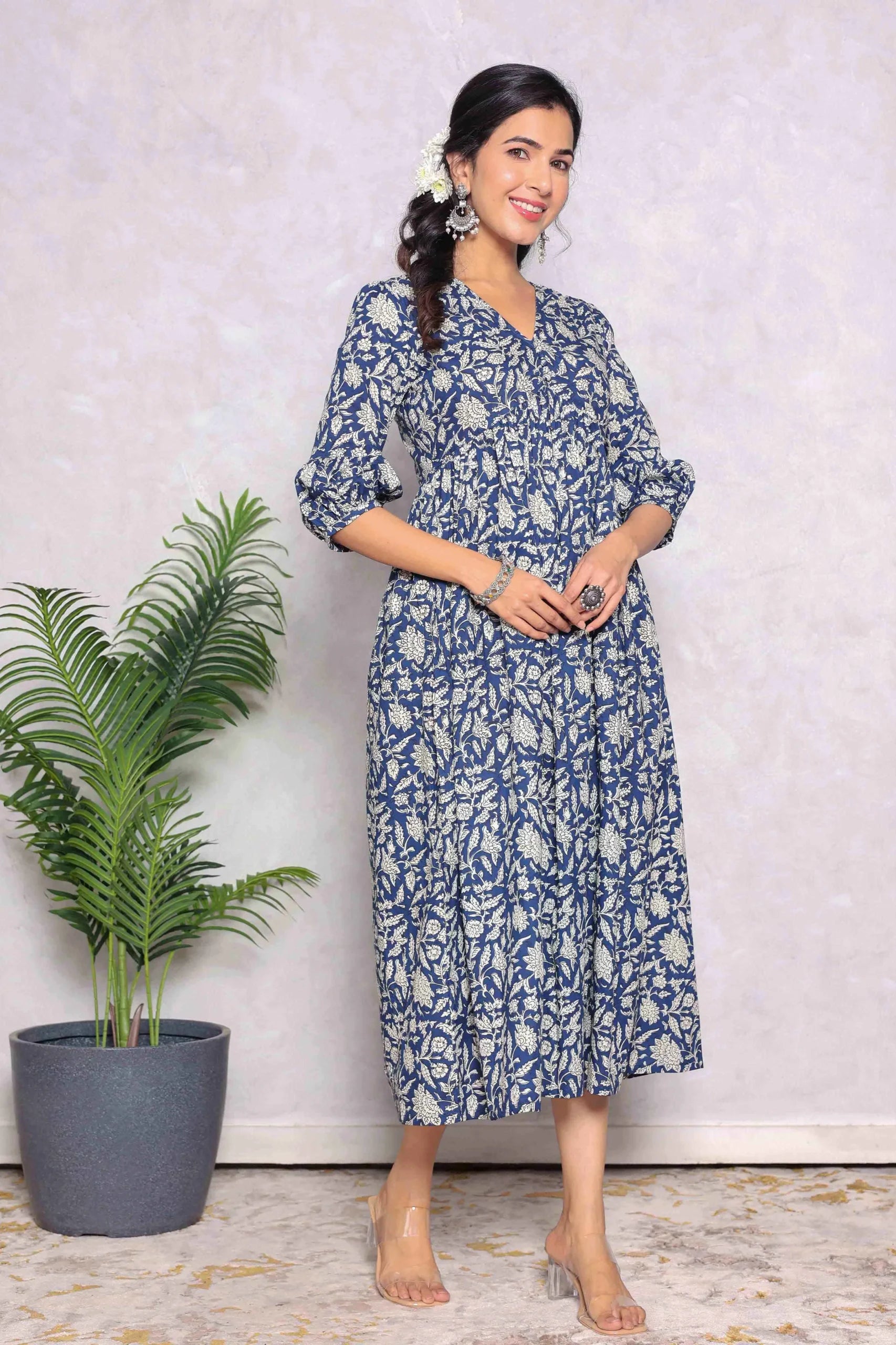Blue Floral Block Printed V-Neck Dress With Flared Hem & Pleated Sleeves