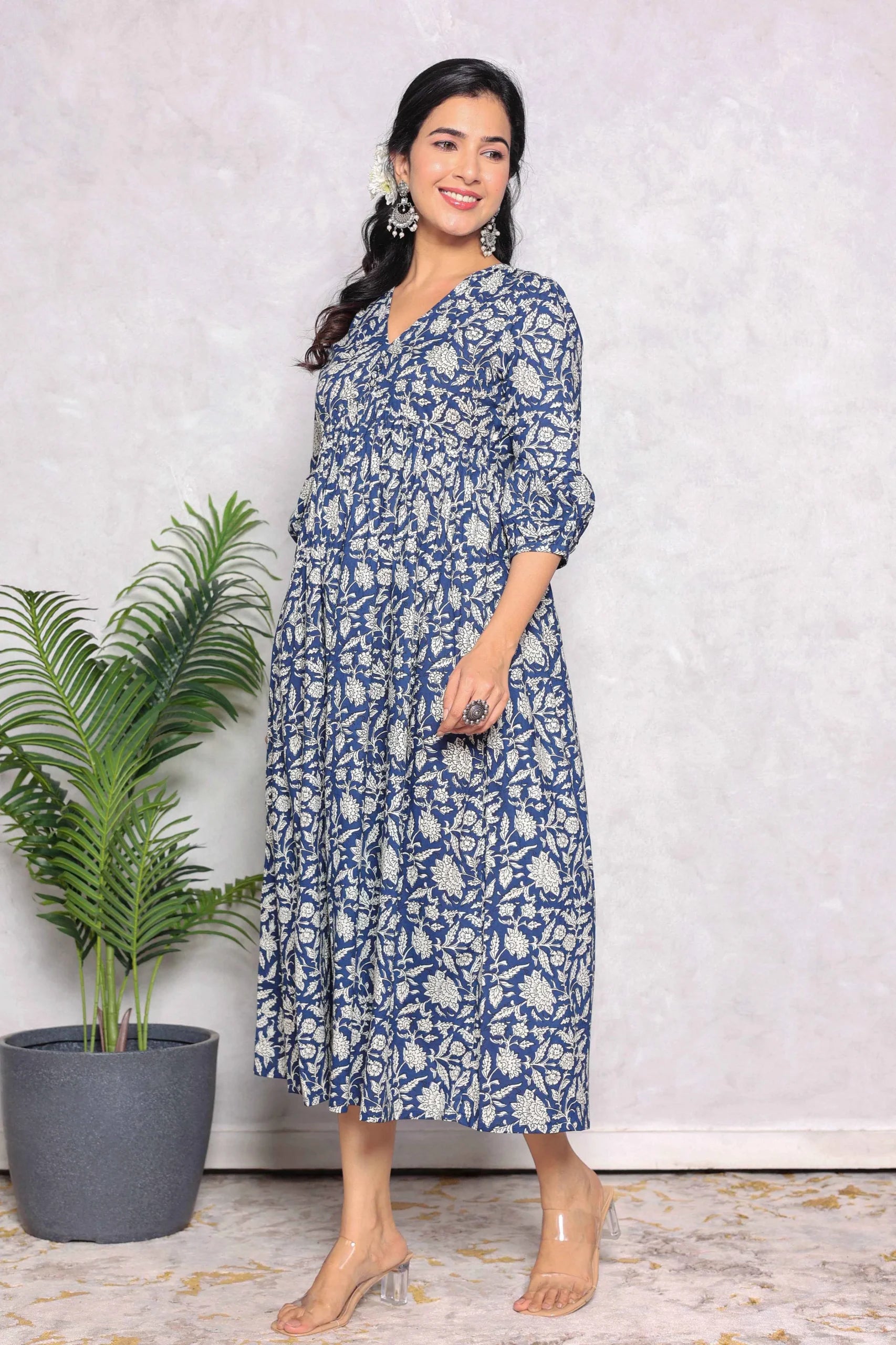 Blue Floral Block Printed V-Neck Dress With Flared Hem & Pleated Sleeves