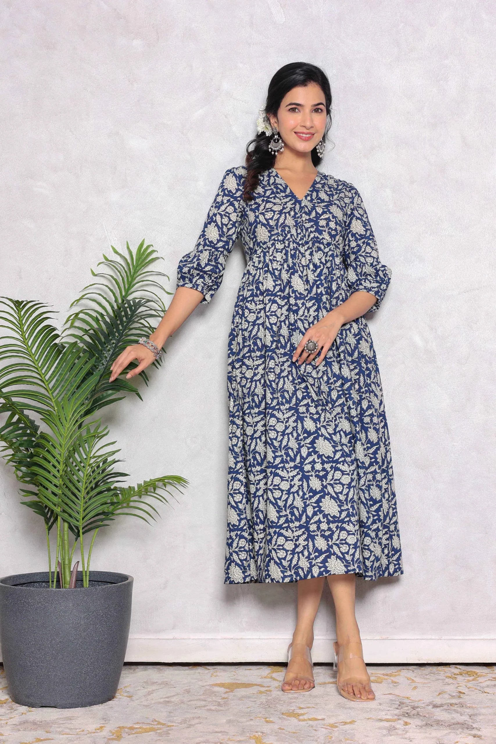 Blue Floral Block Printed V-Neck Dress With Flared Hem & Pleated Sleeves