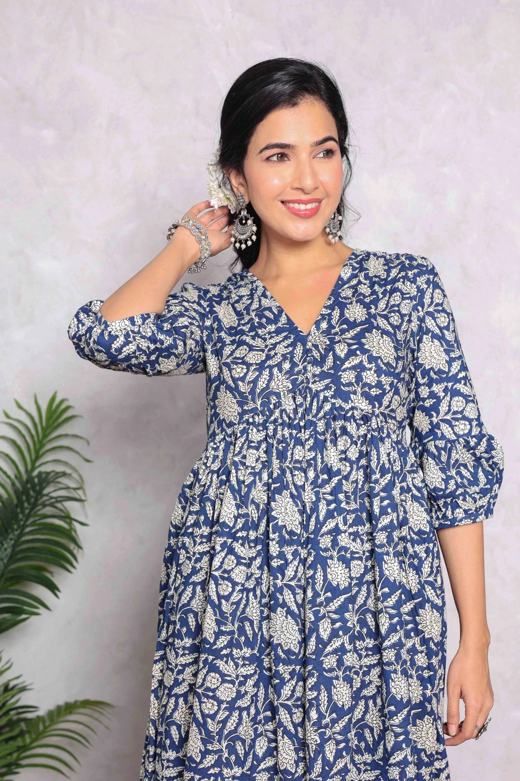 Blue Floral Block Printed V-Neck Dress With Flared Hem & Pleated Sleeves
