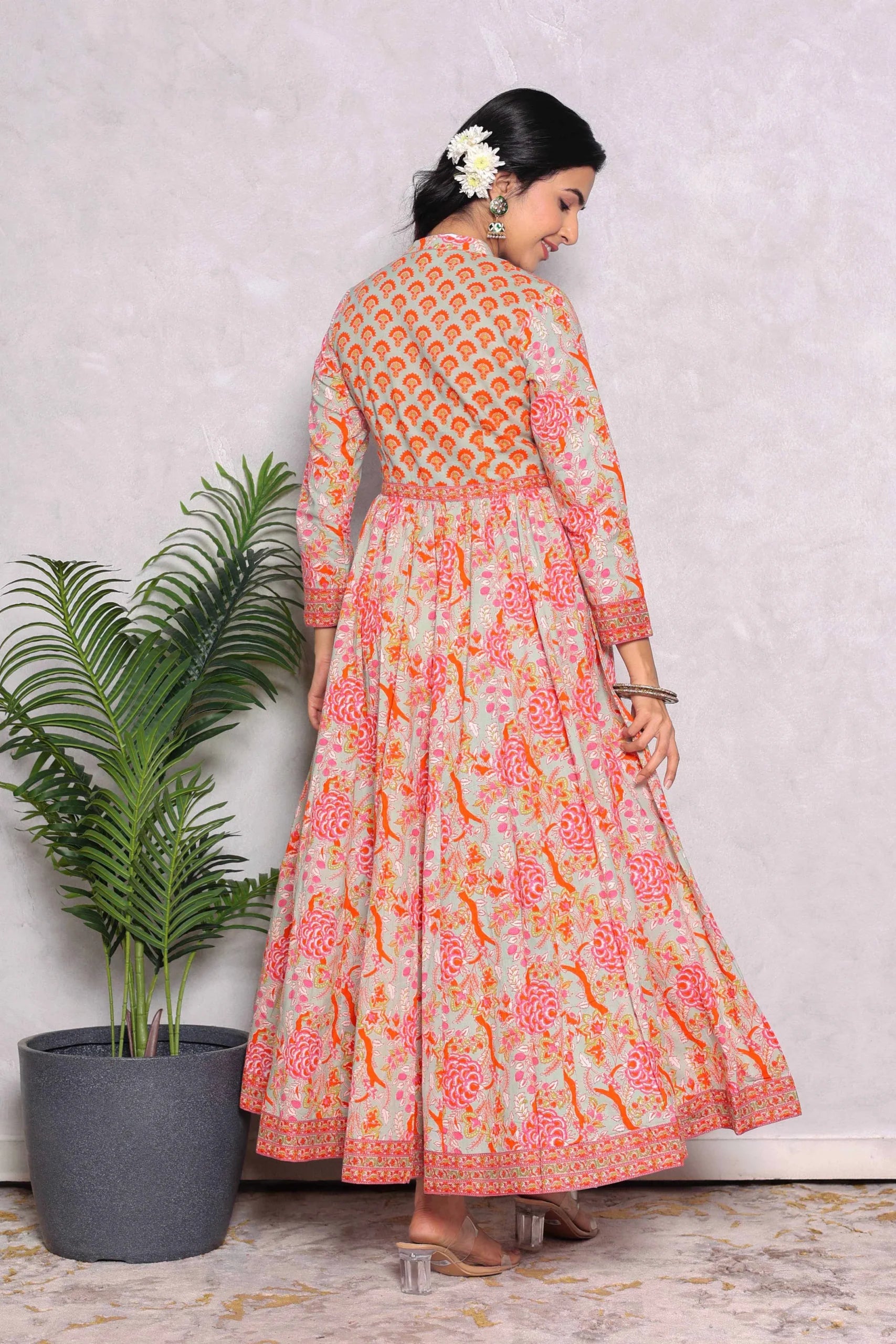 Light Green Anarkali Cotton Hand Block Printed Ethnic Maxi Dress