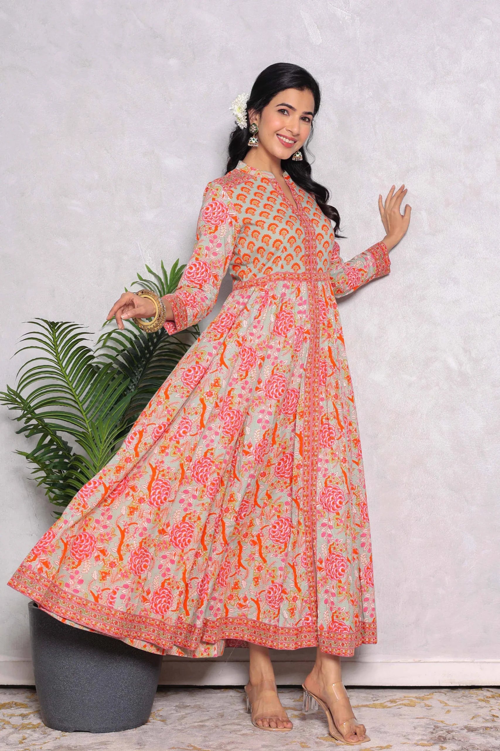 Light Green Anarkali Cotton Hand Block Printed Ethnic Maxi Dress