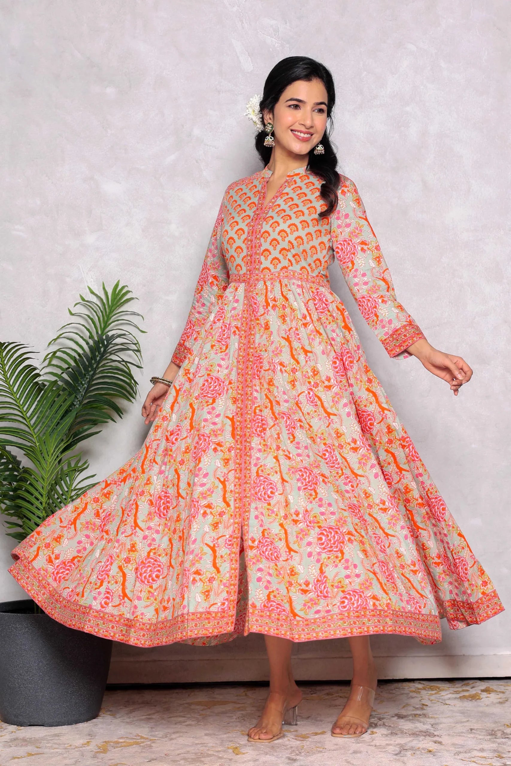 Light Green Anarkali Cotton Hand Block Printed Ethnic Maxi Dress