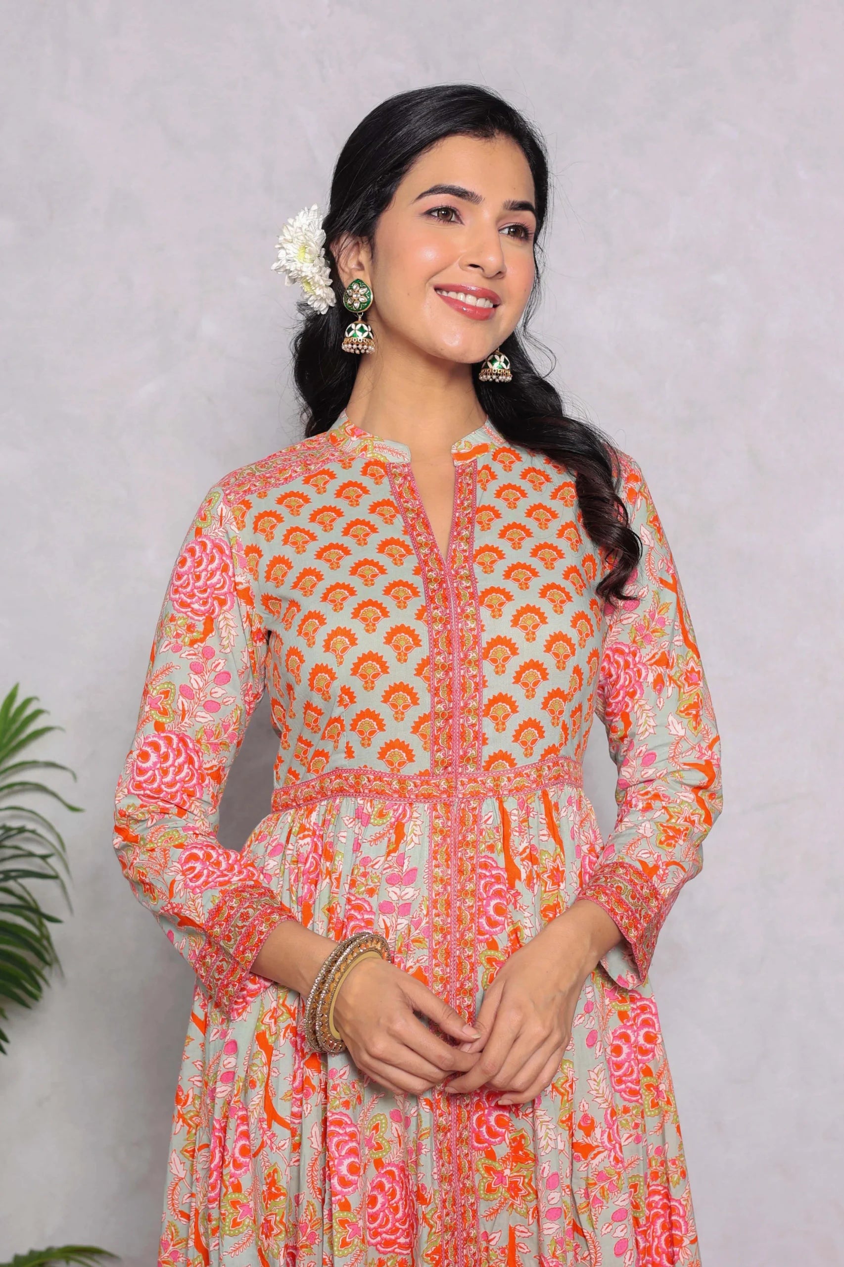 Light Green Anarkali Cotton Hand Block Printed Ethnic Maxi Dress