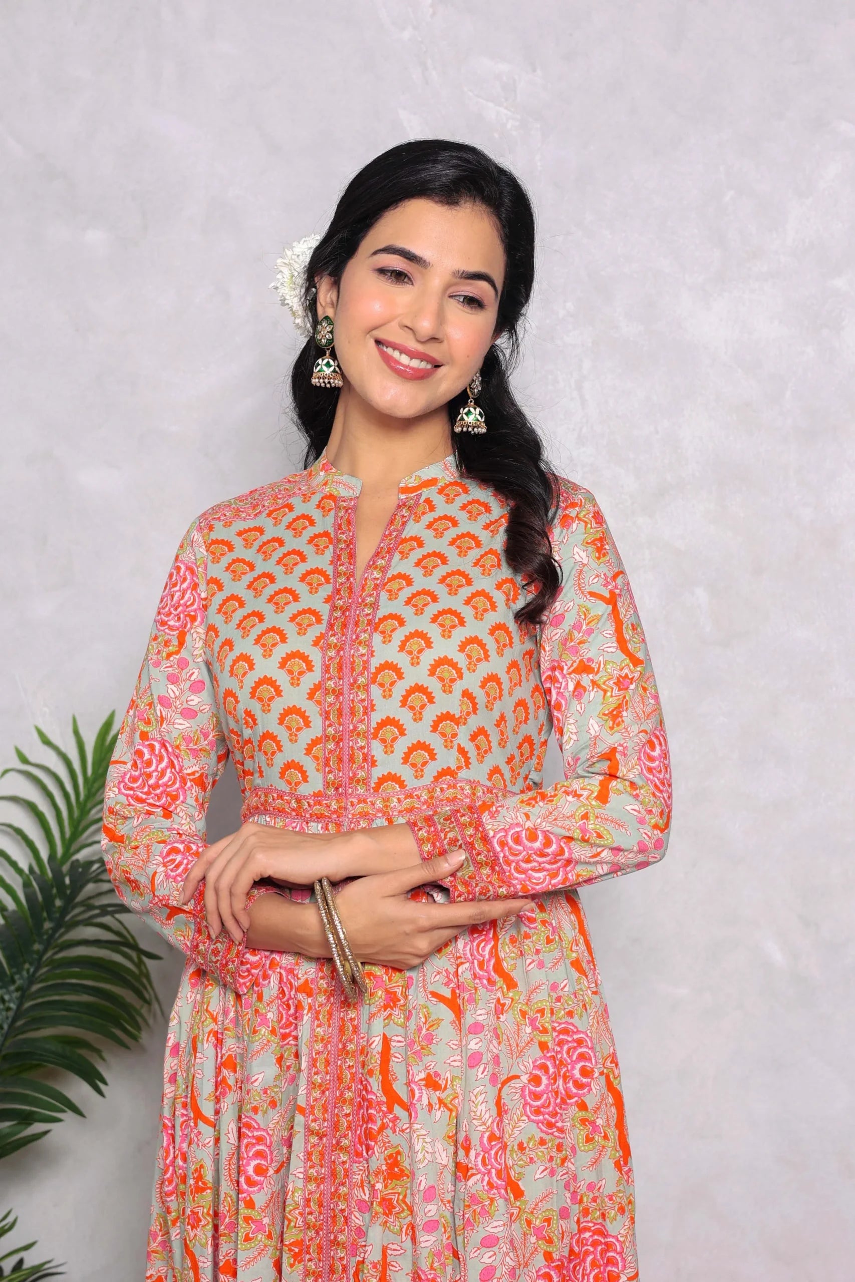 Light Green Anarkali Cotton Hand Block Printed Ethnic Maxi Dress