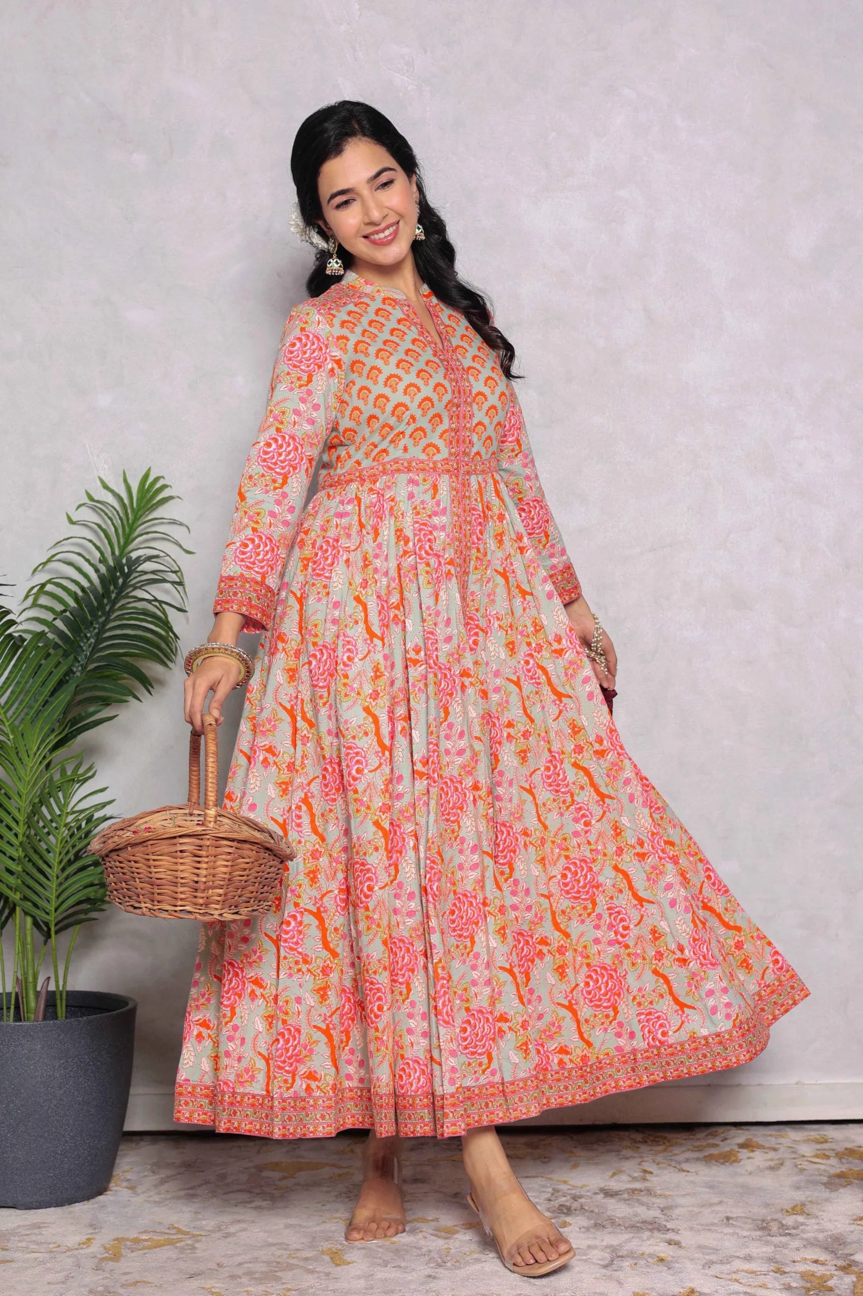 Light Green Anarkali Cotton Hand Block Printed Ethnic Maxi Dress