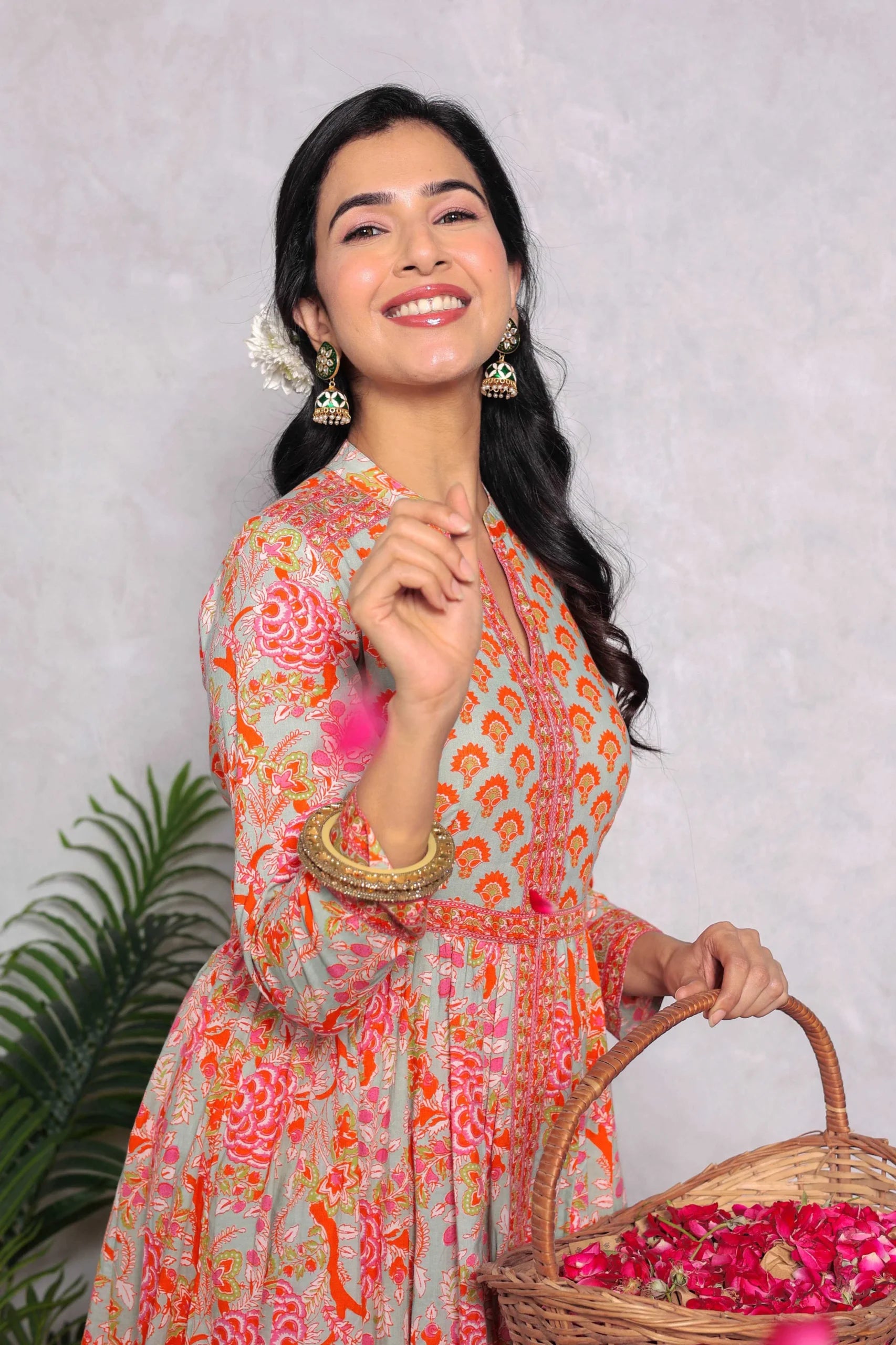 Light Green Anarkali Cotton Hand Block Printed Ethnic Maxi Dress