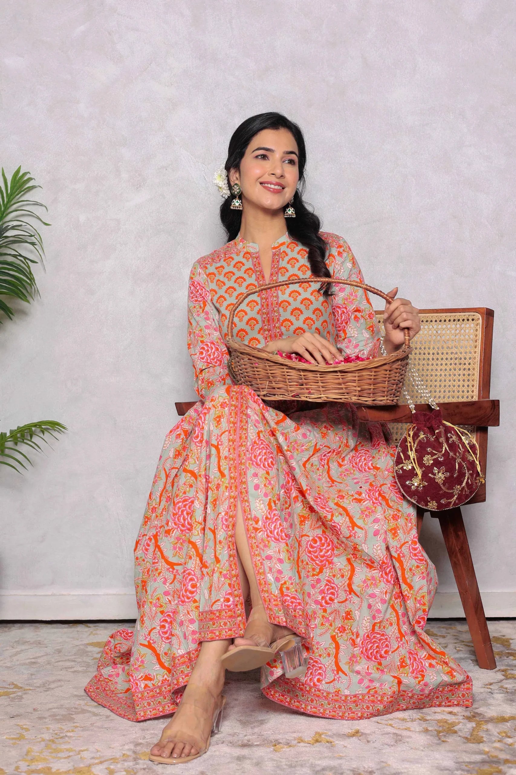 Light Green Anarkali Cotton Hand Block Printed Ethnic Maxi Dress