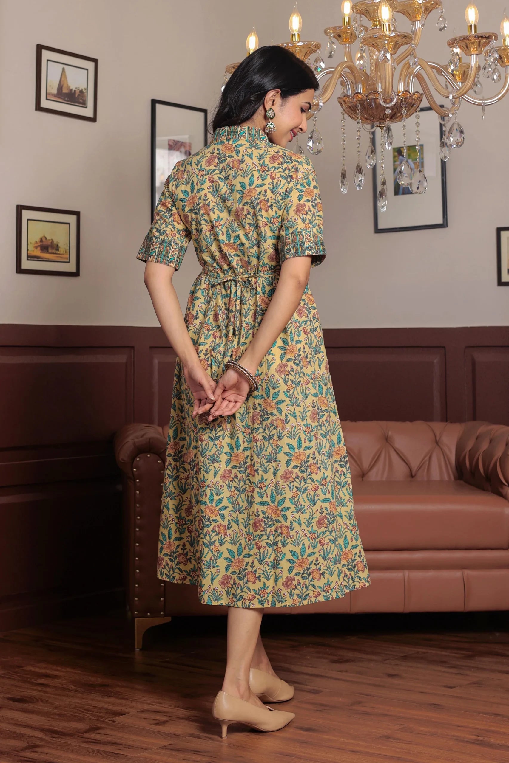 Light Yellow Hand Block Printed A- Line Midi Dress