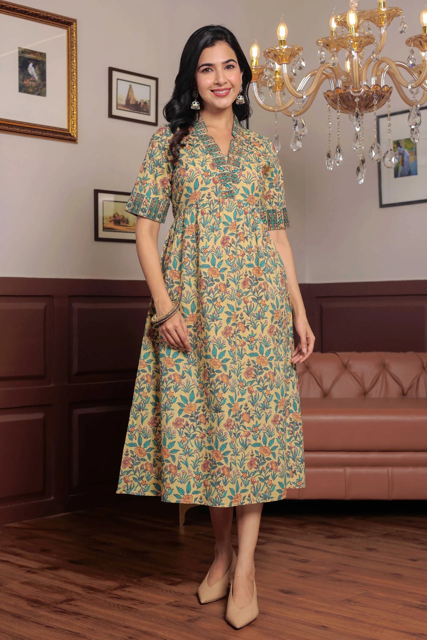 Light Yellow Hand Block Printed A- Line Midi Dress