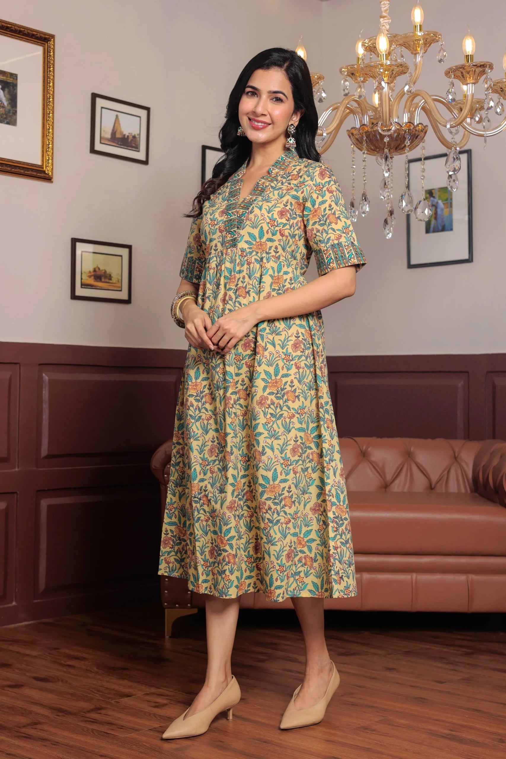 Light Yellow Hand Block Printed A- Line Midi Dress